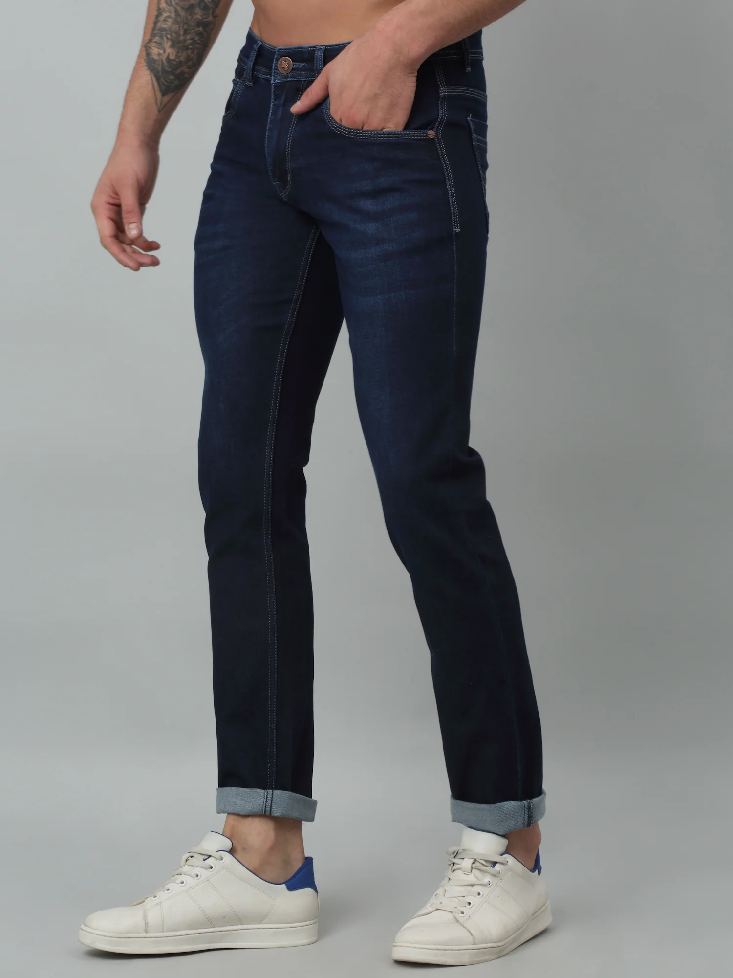 Denim Jeans for Men l Breathable & Soft with Color Fastness Ultra Narrow Fit Cotton Fabric Solid Pattern Button Closure - Image 2