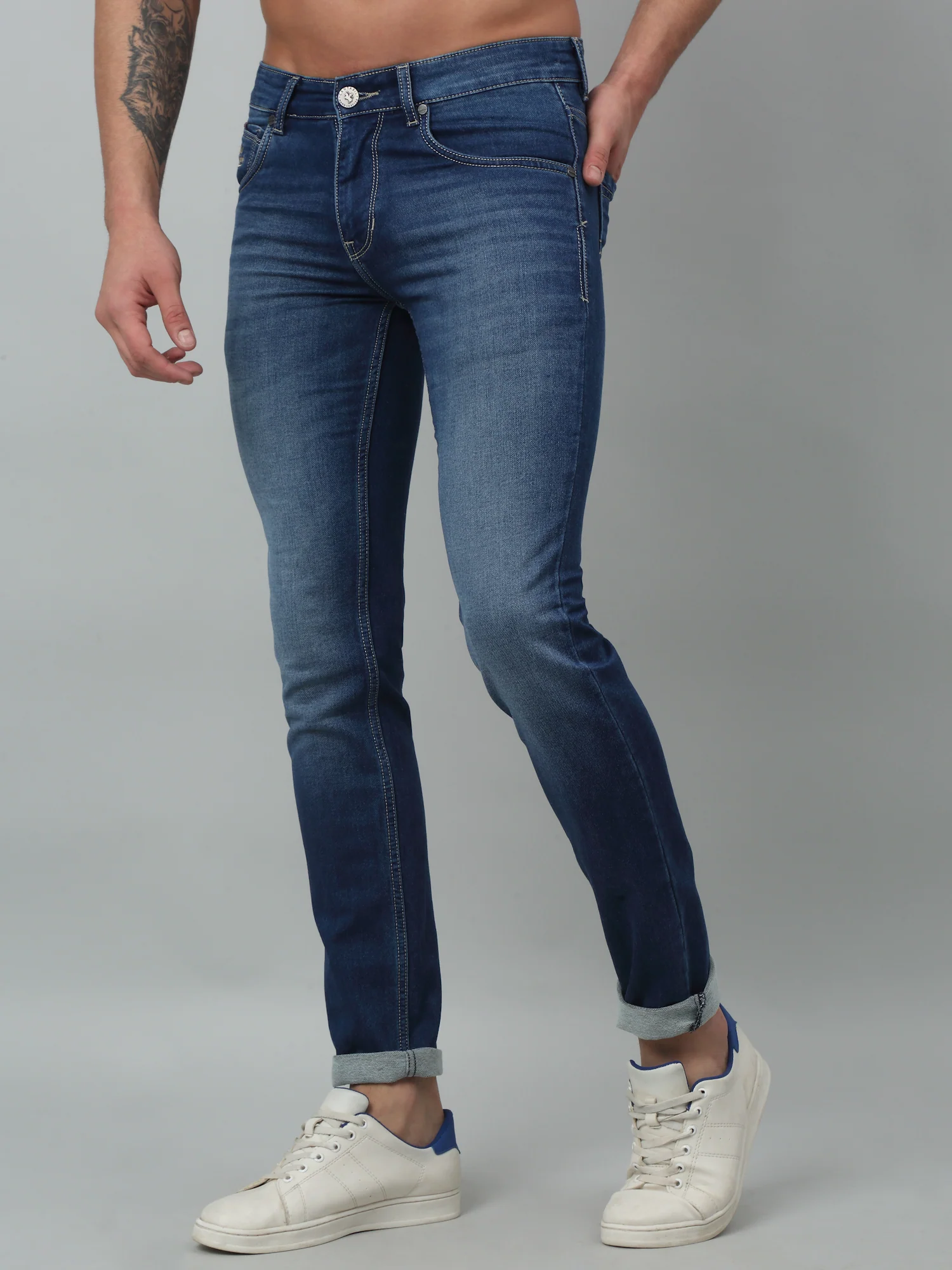Denim Jeans for Men l Breathable & Soft with Color Fastness Ultra Narrow Fit Cotton Fabric Solid Pattern Button Closure - Image 3