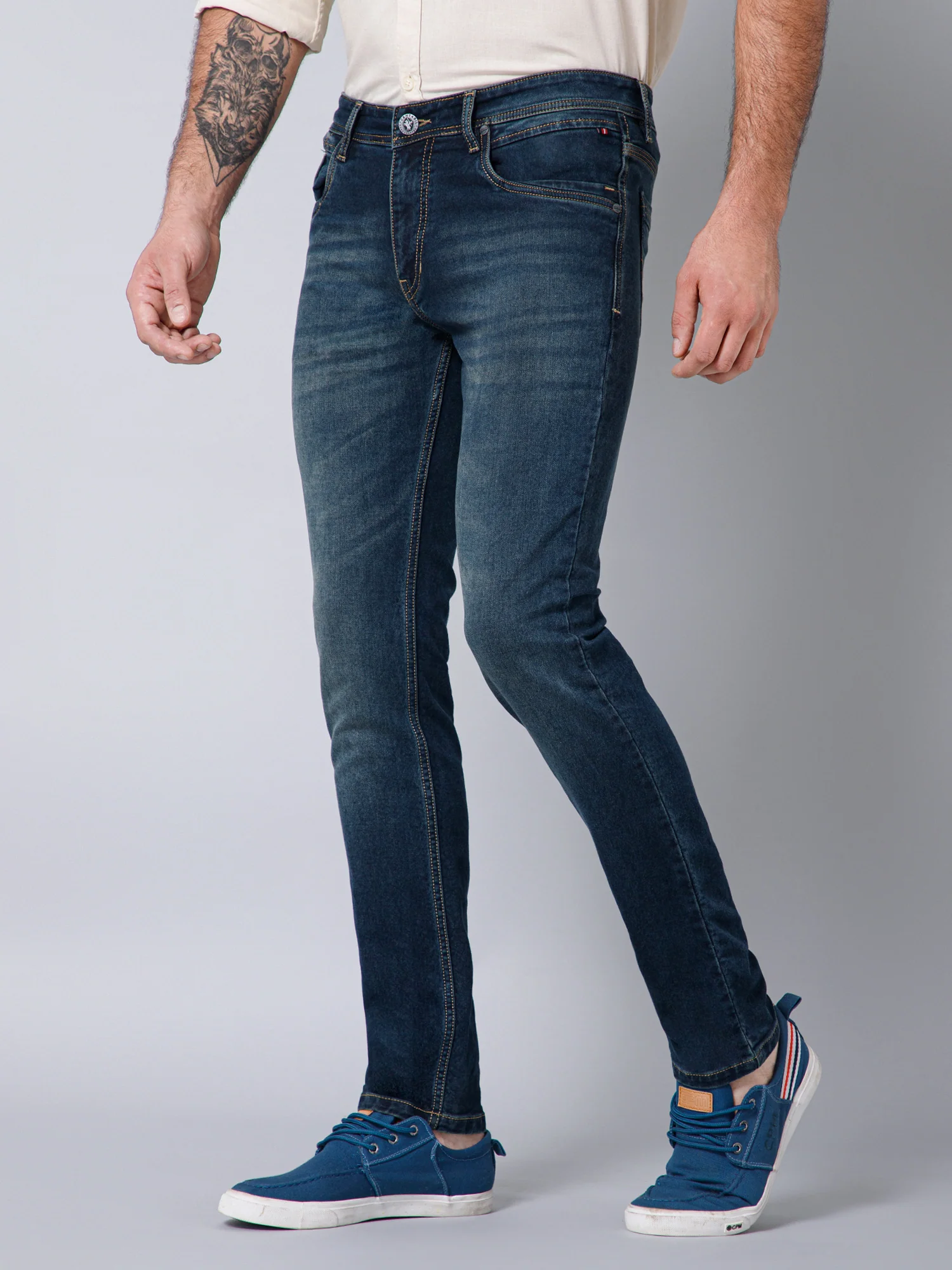 Denim Jeans for Men l Breathable & Soft with Color Fastness Ultra Narrow Fit Cotton Fabric Solid Pattern Button Closure - Image 2
