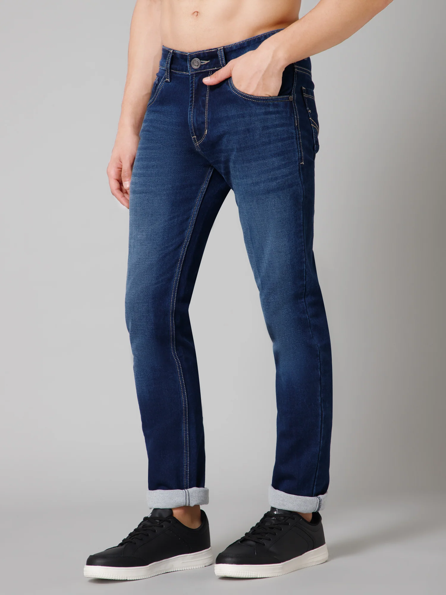 Denim Jeans for Men l Breathable & Soft with Color Fastness Ultra Narrow Fit Cotton Fabric Solid Pattern Button Closure - Image 2