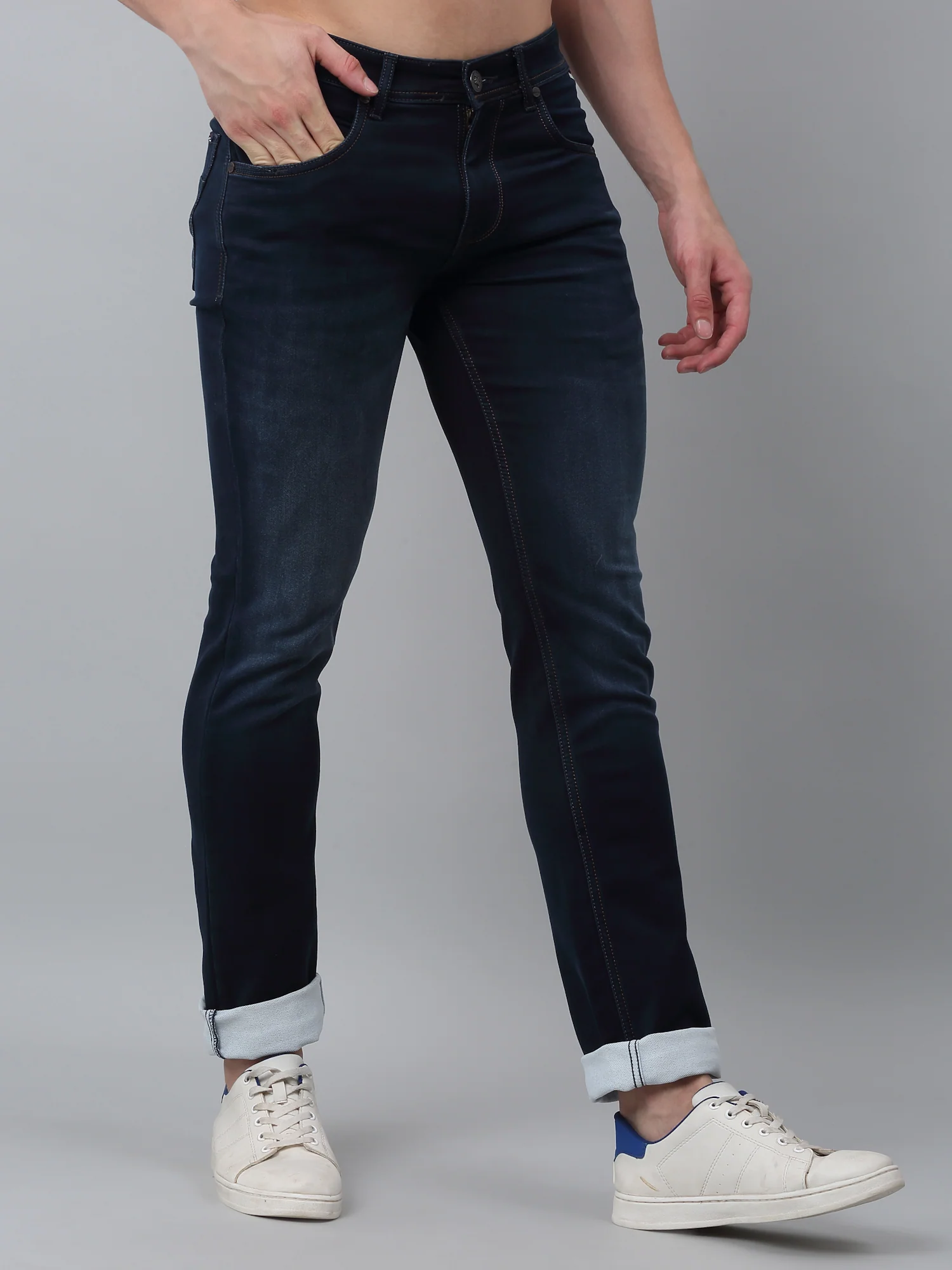 Denim Jeans for Men l Breathable & Soft with Color Fastness Ultra Narrow Fit Cotton Fabric Solid Pattern Button Closure - Image 3
