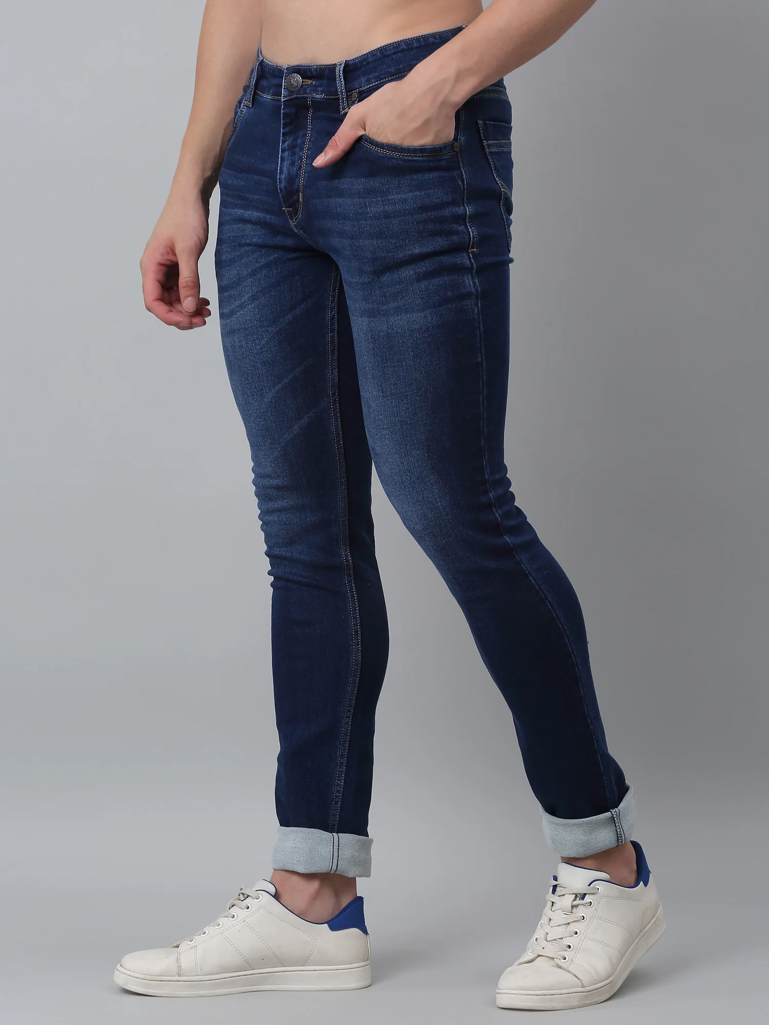 Denim Jeans for Men l Breathable & Soft with Color Fastness Ultra Narrow Fit Cotton Fabric Solid Pattern Button Closure - Image 2