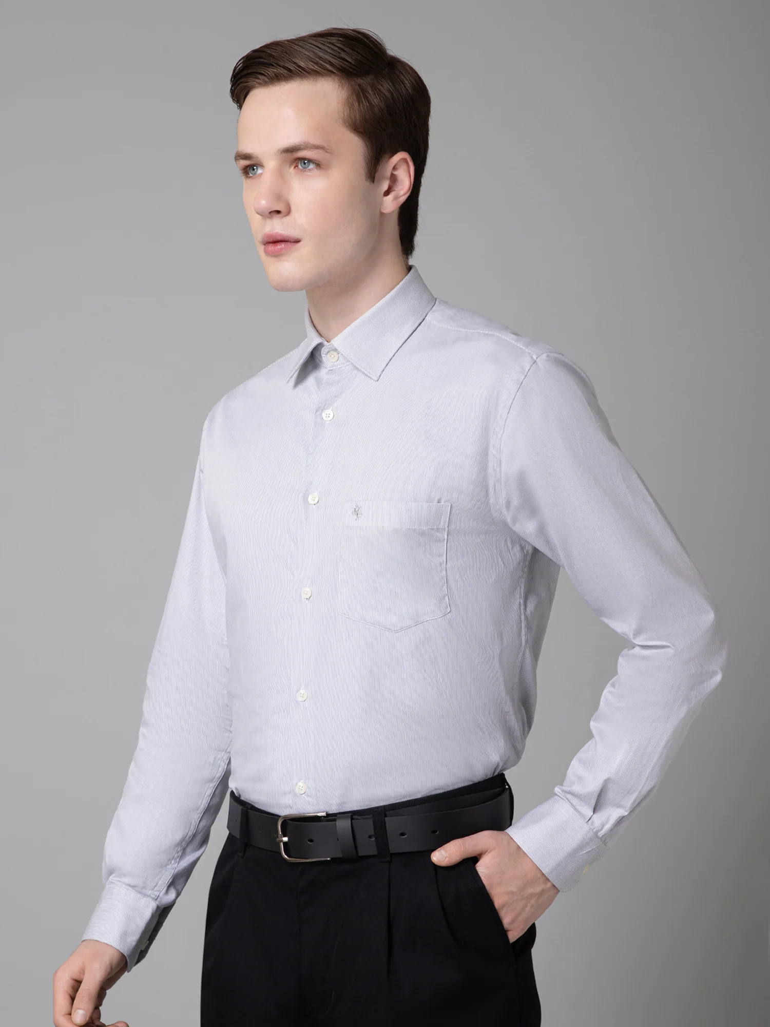 Men's Light Grey Formal Pin Stripe Full Sleeve Shirt - Image 2