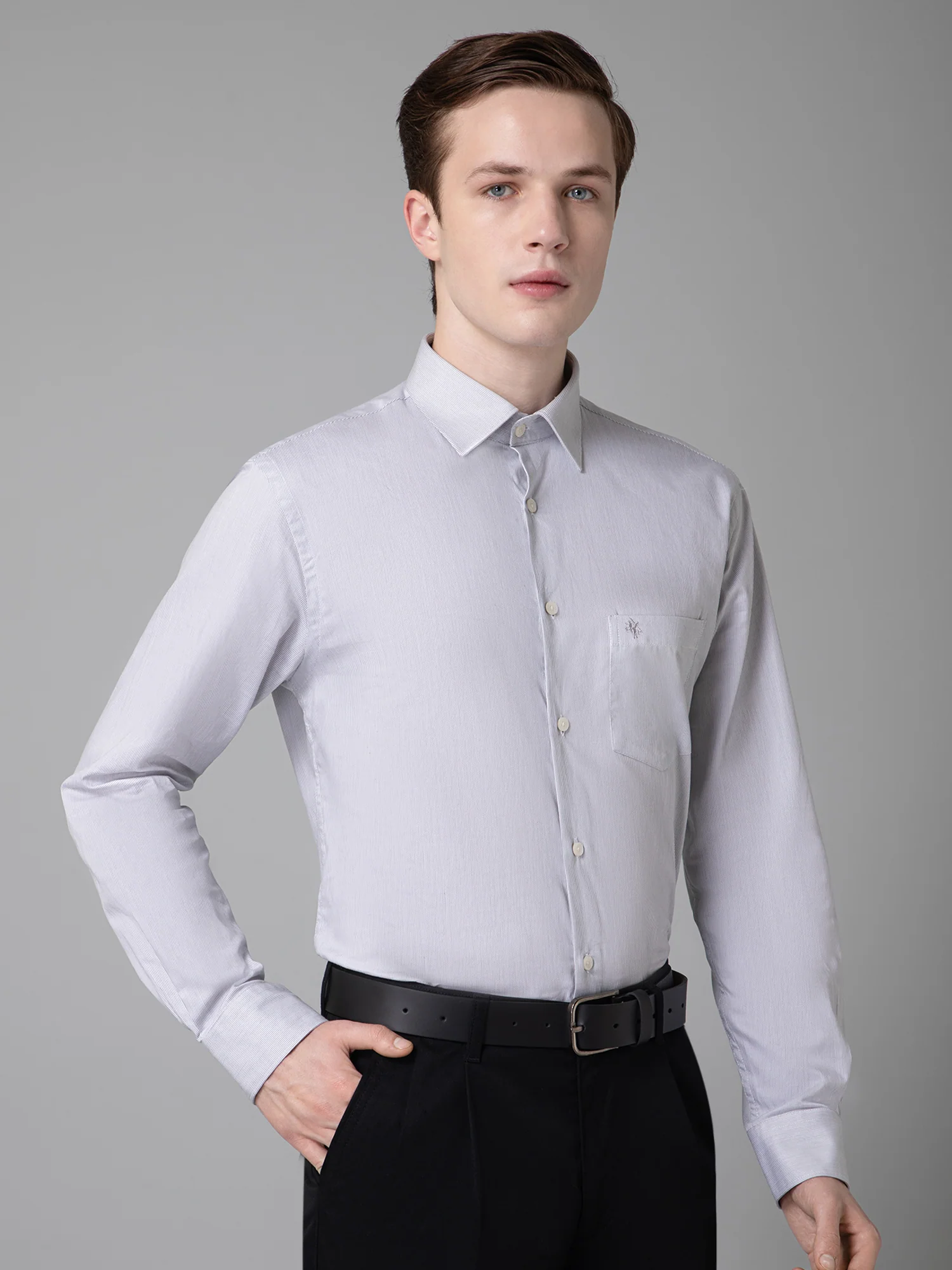 Men's Light Grey Formal Pin Stripe Full Sleeve Shirt - Image 3