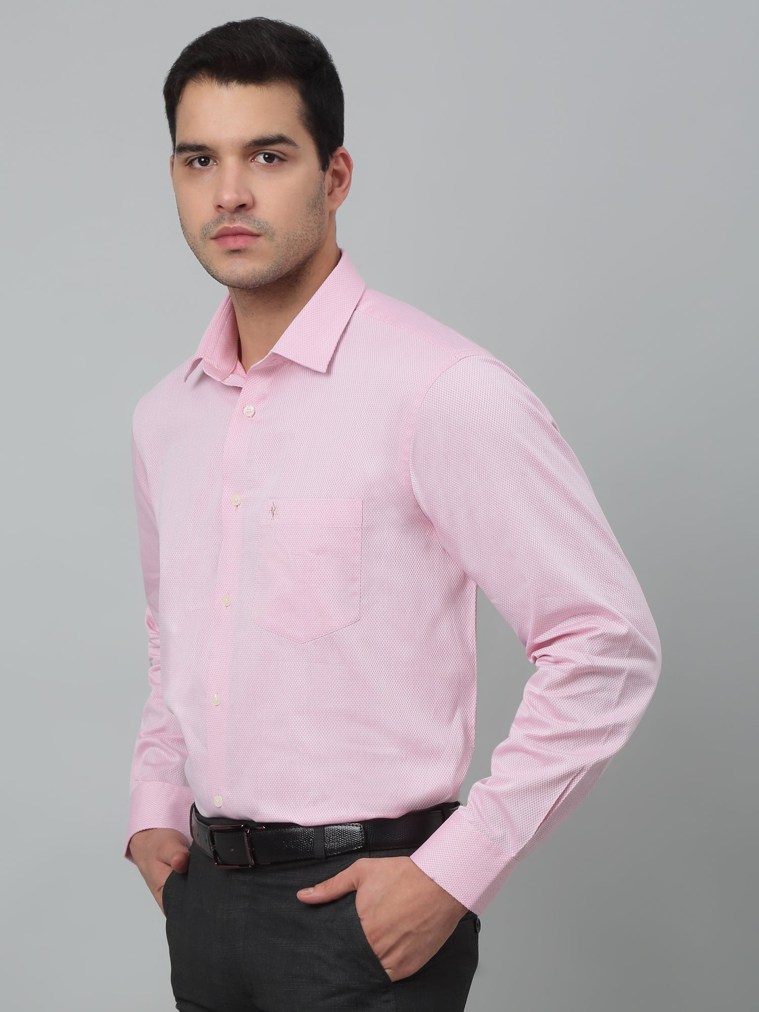 Men's Pink Formal Self Textured Full Sleeve Shirt - Image 2