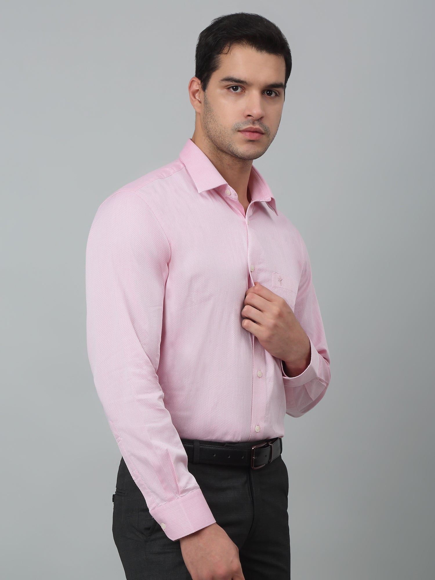 Men's Pink Formal Self Textured Full Sleeve Shirt - Image 3