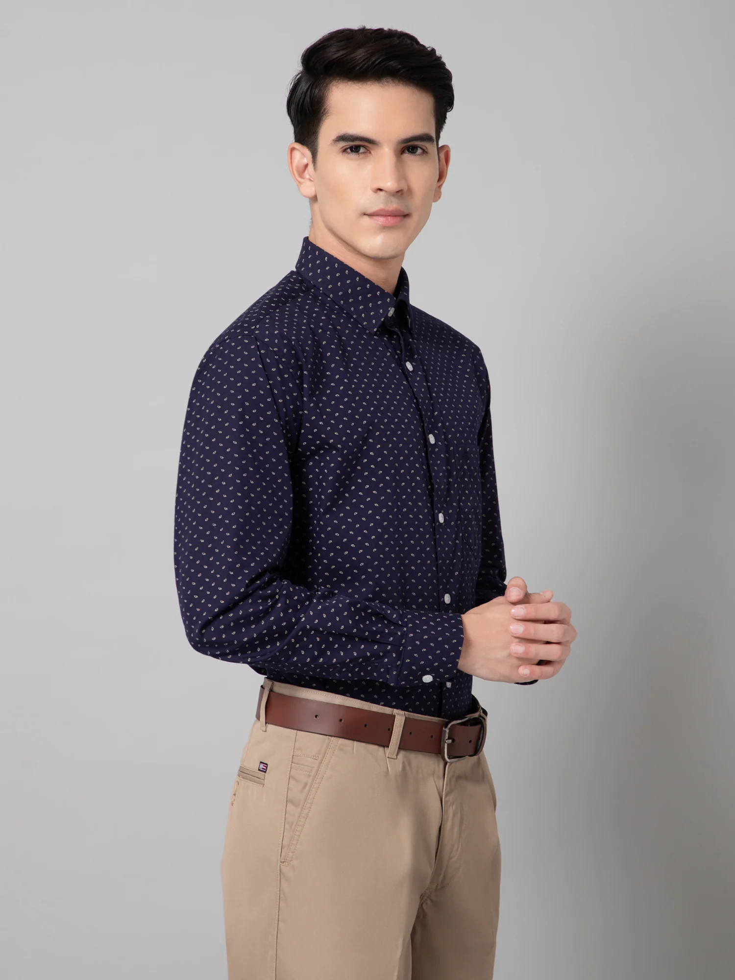 Men's Navy Blue Formal Ditsy Print Full Sleeve Shirt - Image 3