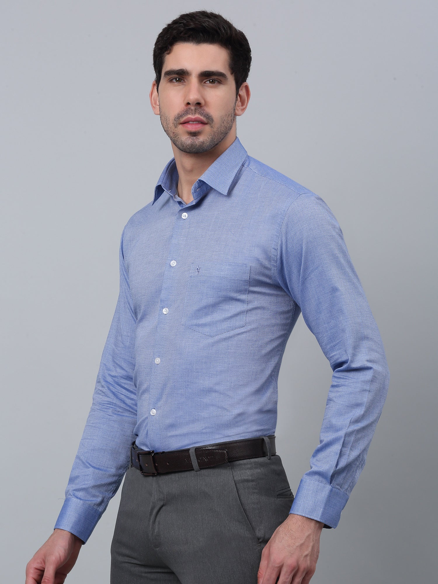 Men's Blue Formal Self Textured Full Sleeve Shirt - Image 2