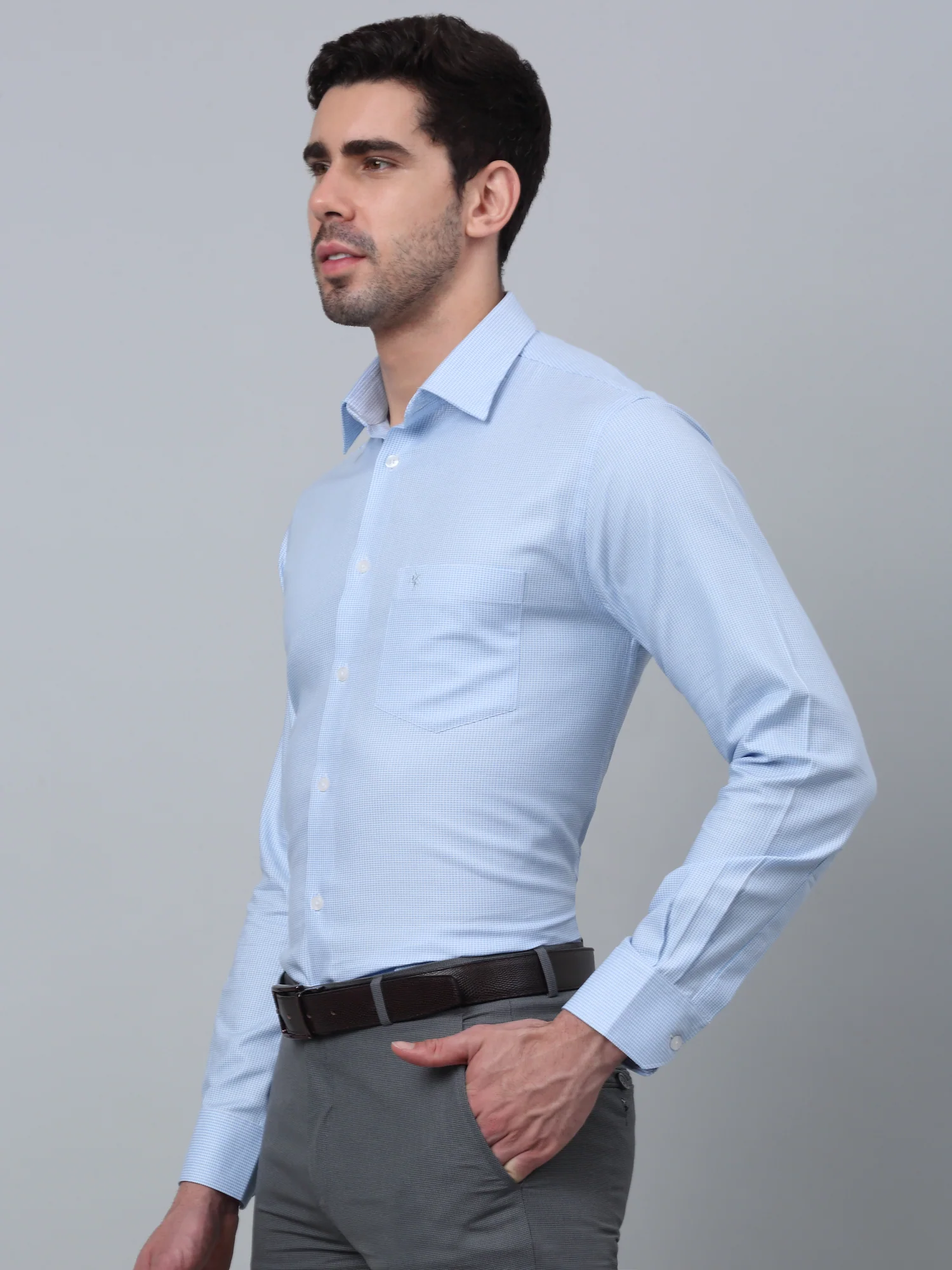 Men's Blue Formal Self Textured Full Sleeve Shirt - Image 2