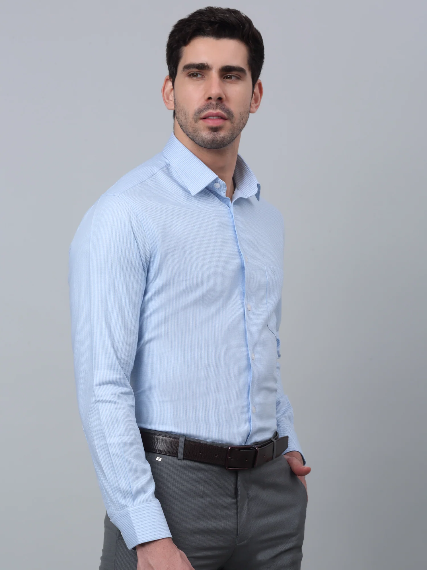 Men's Blue Formal Self Textured Full Sleeve Shirt - Image 3