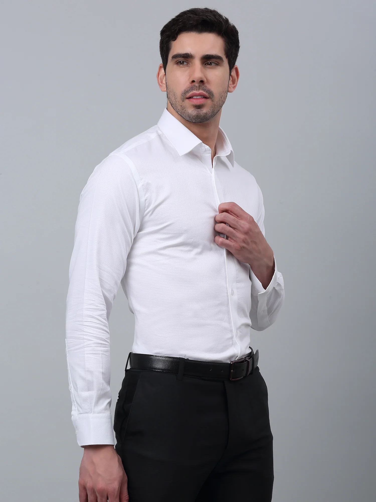 Men's White Formal Self Textured Full Sleeve Shirt - Image 3
