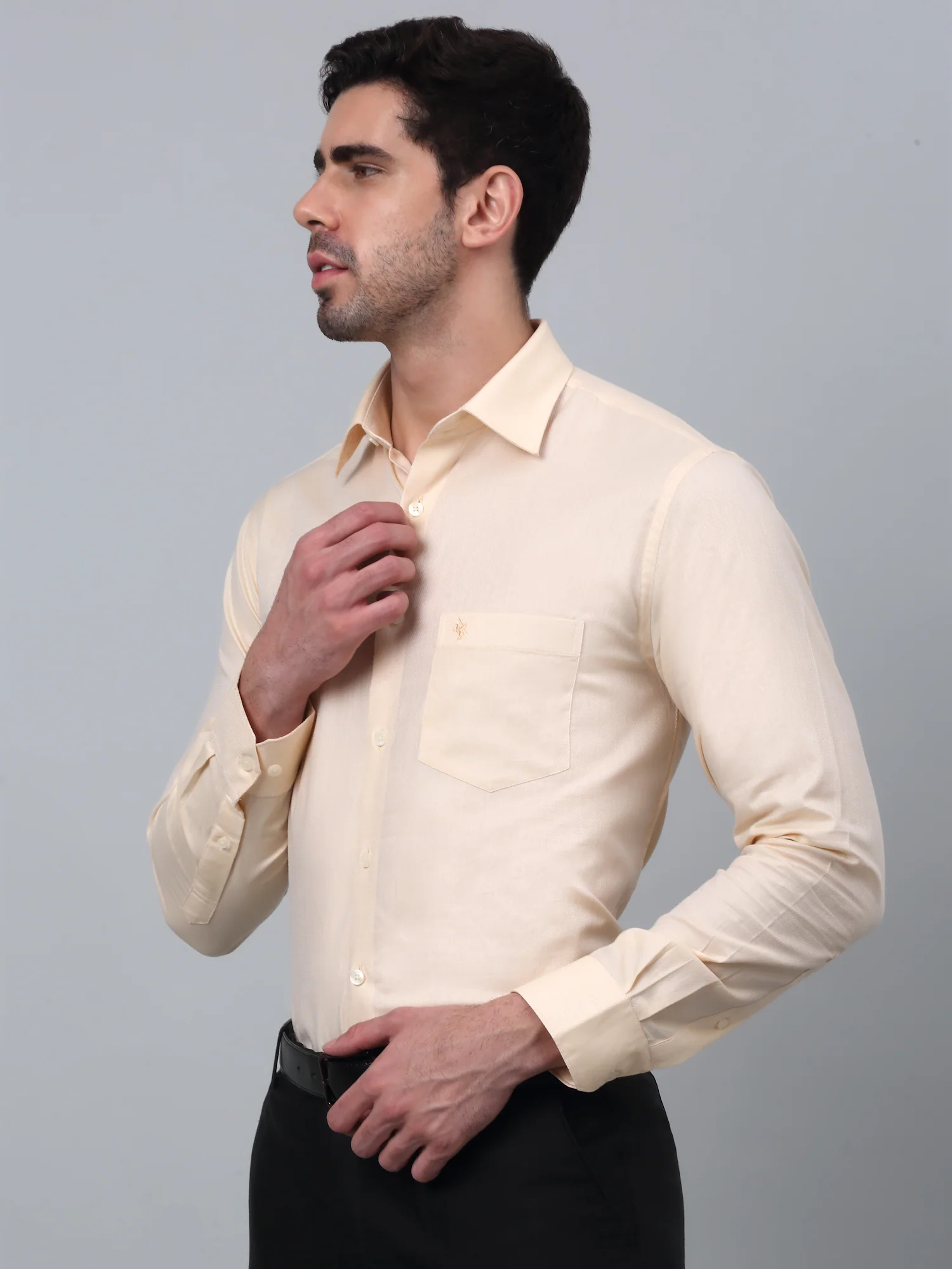 Men's Yellow Formal Self Textured Full Sleeve Shirt - Image 2