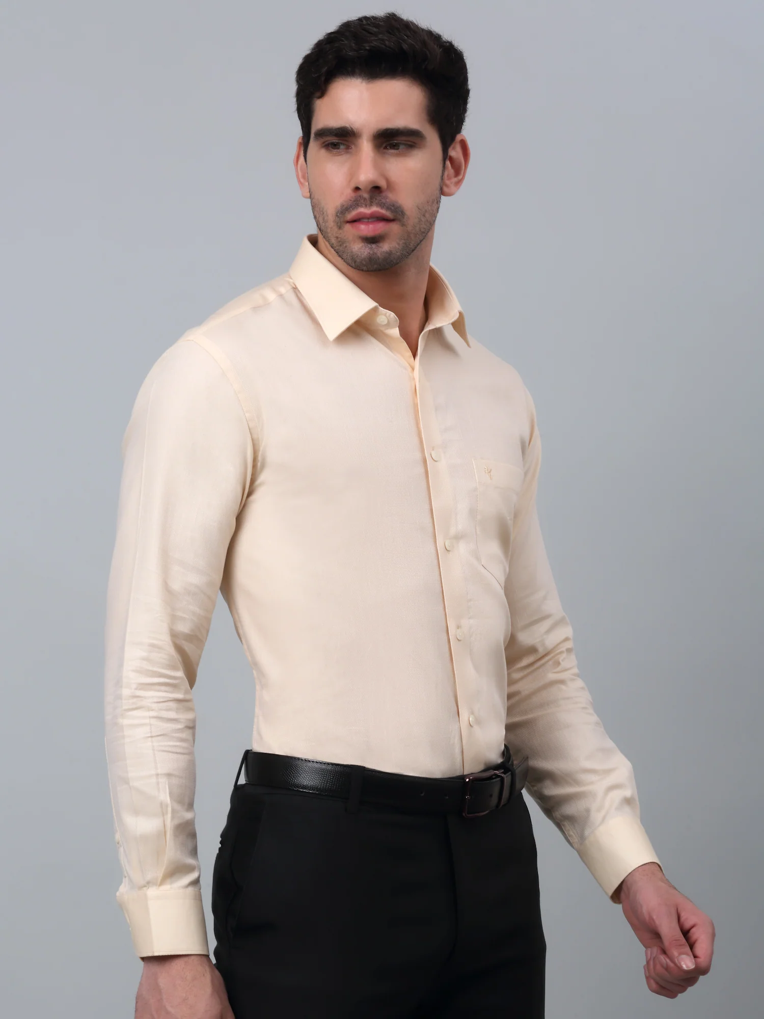Men's Yellow Formal Self Textured Full Sleeve Shirt - Image 3