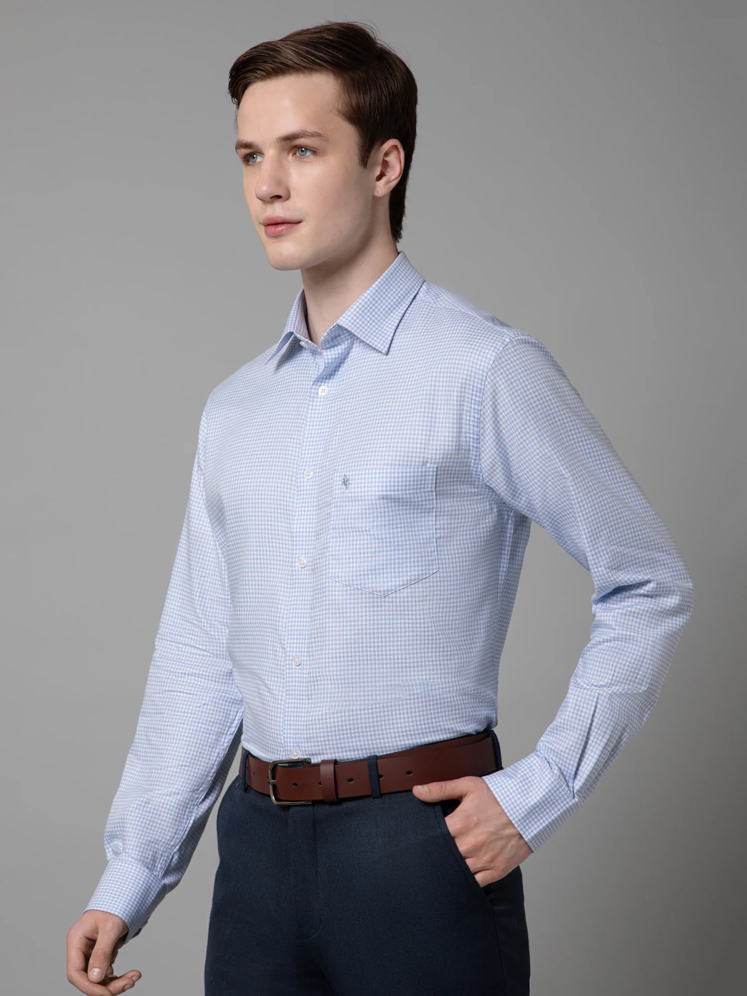 Men's Sky Blue Formal Micro Checks Full Sleeve Shirt - Image 2
