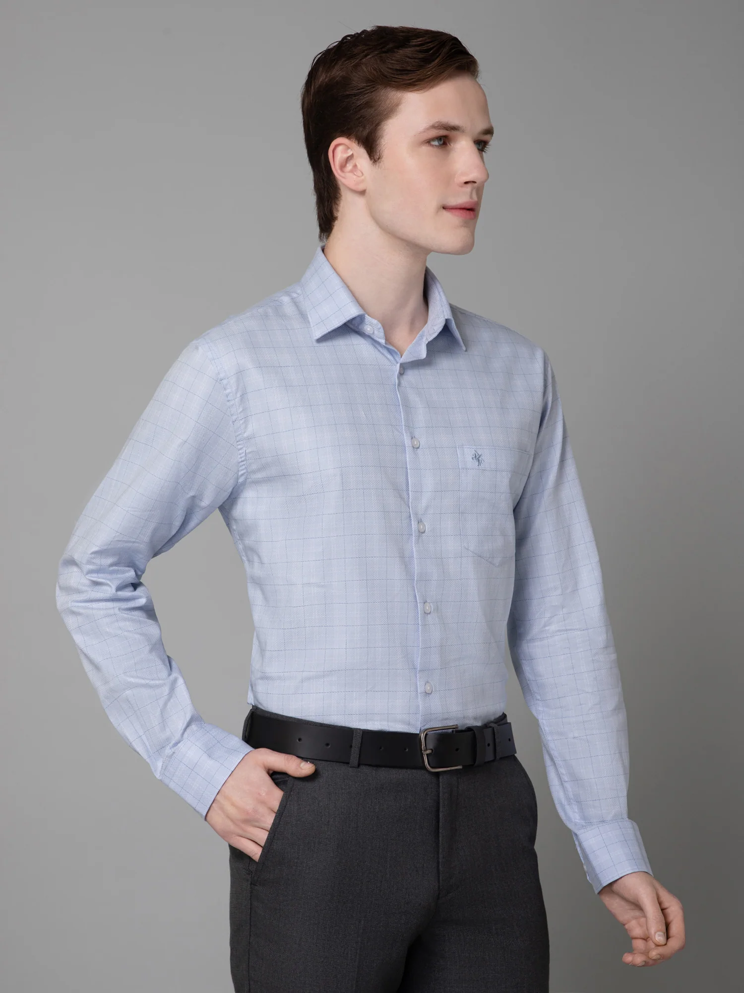 Men's Sky Blue Formal Medium Checks Full Sleeve Shirt - Image 3