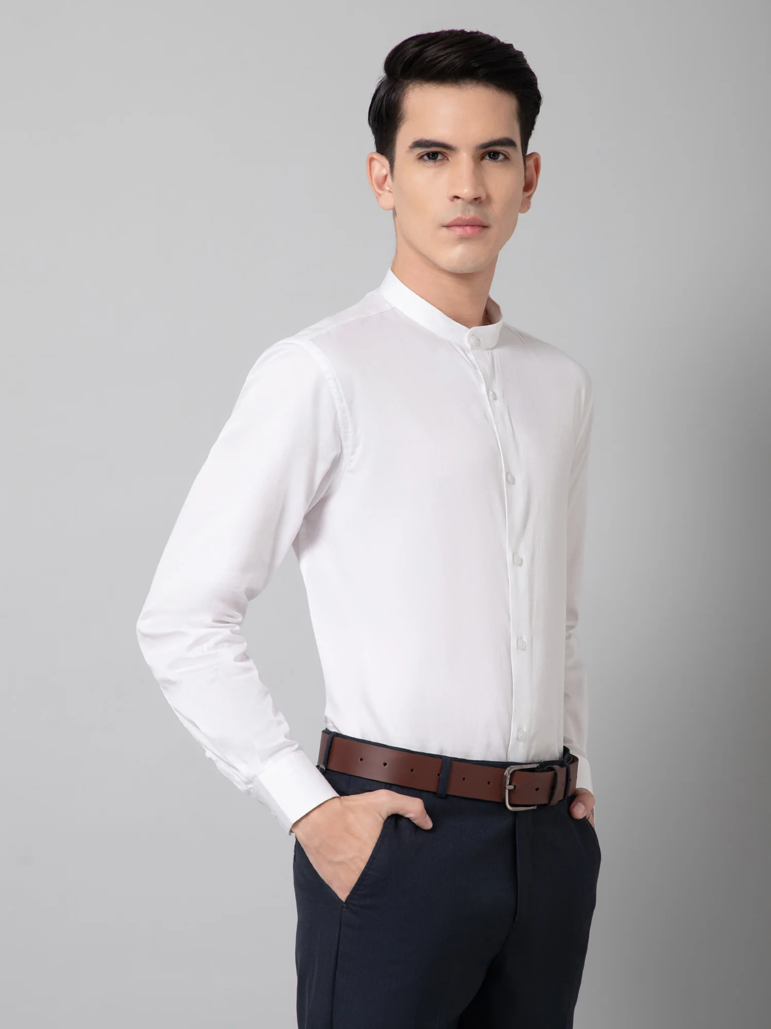 Formal Shirt for Men l Breathable & Soft with Color Fastness Regular Fit Mandarin Collar Neck Cotton Fabric Solid Pattern - Image 3