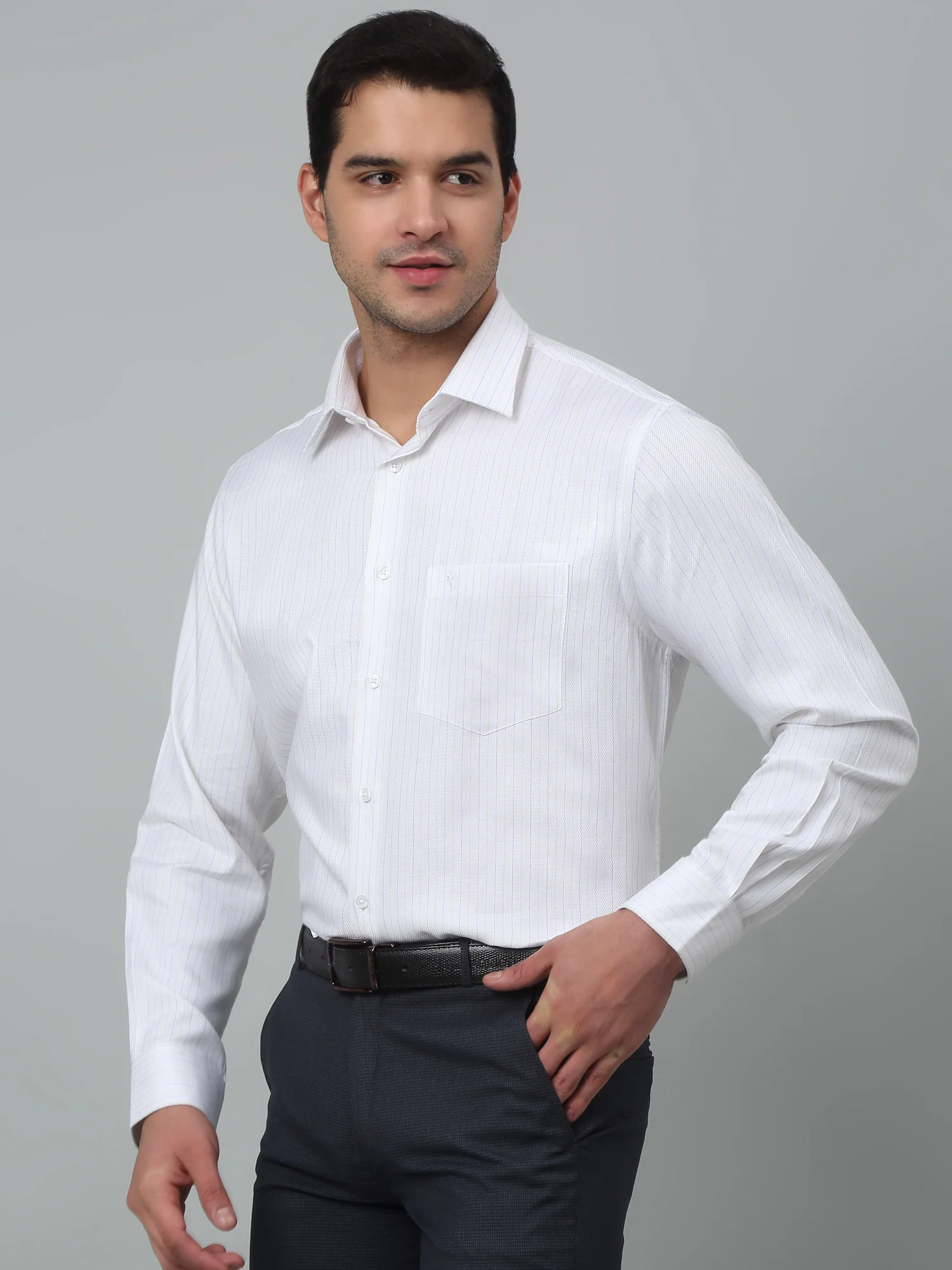 Men's White Formal Thin Stripe Full Sleeve Shirt - Image 2