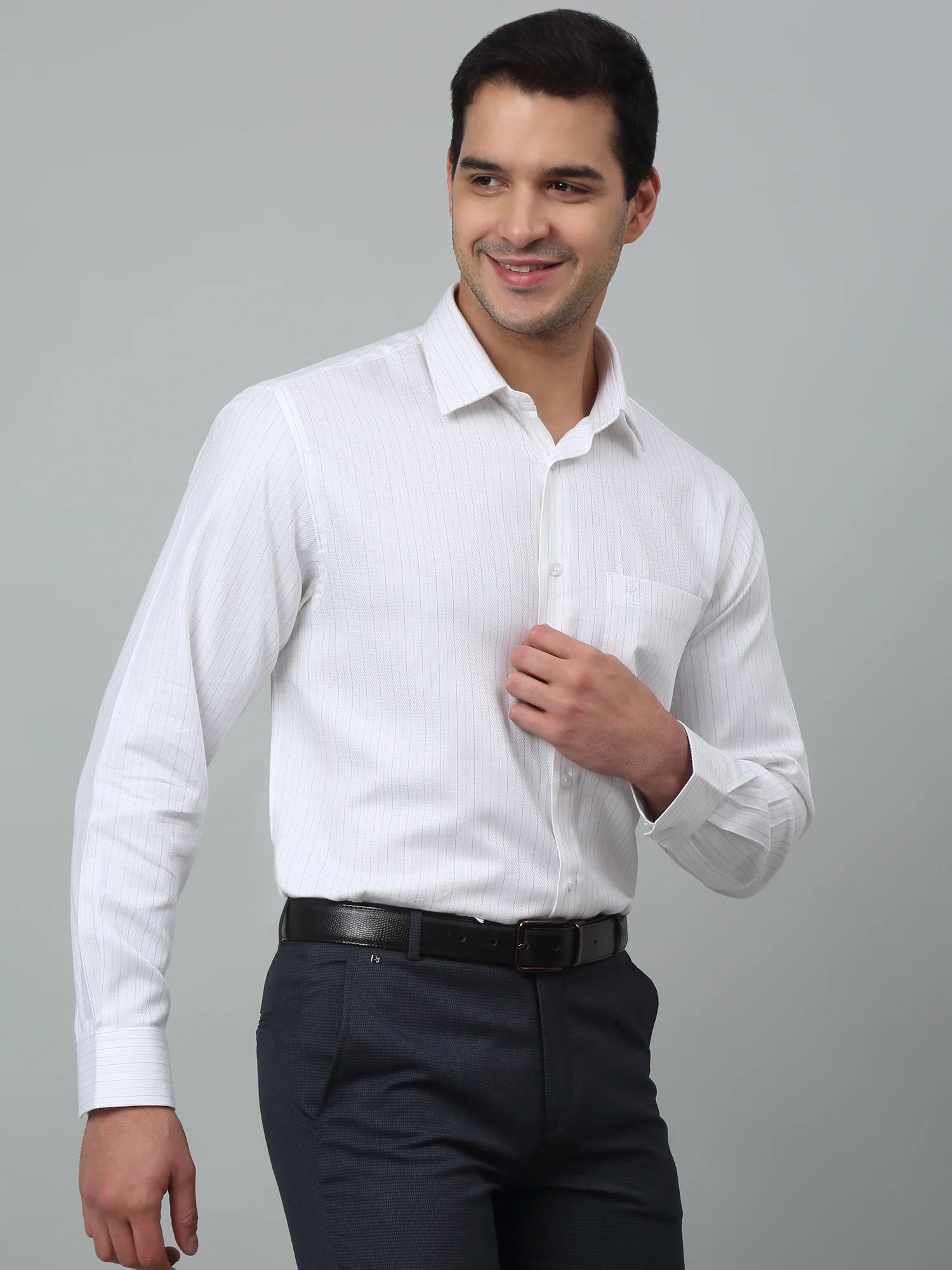 Men's White Formal Thin Stripe Full Sleeve Shirt - Image 3