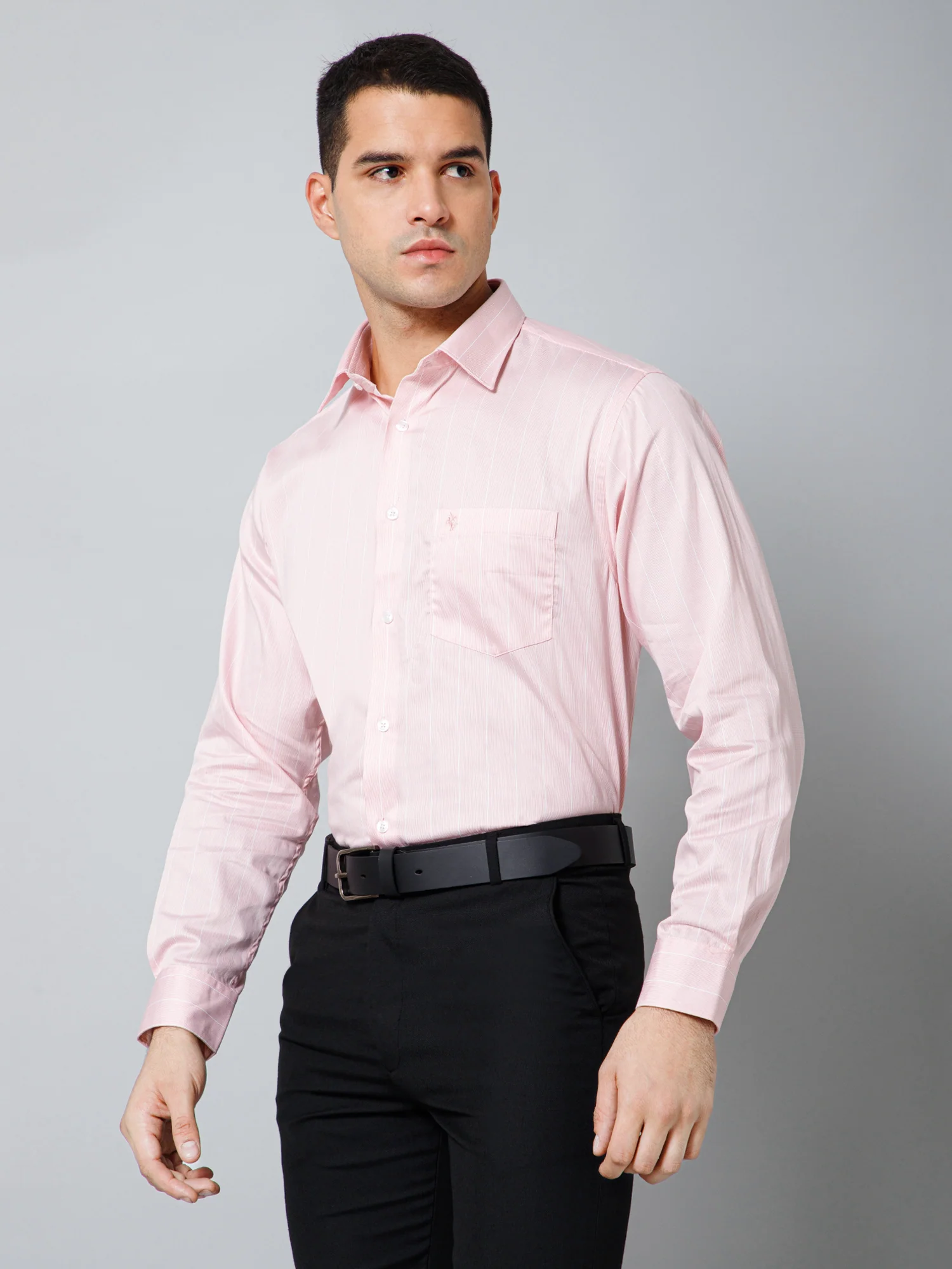 Men's Light Pink Formal Thin Stripe Full Sleeve Shirt - Image 2