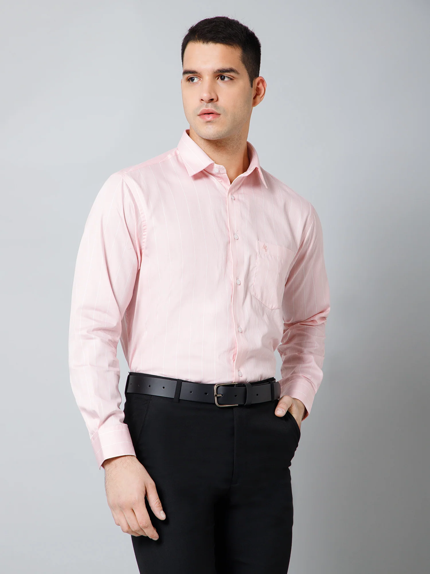 Men's Light Pink Formal Thin Stripe Full Sleeve Shirt - Image 3