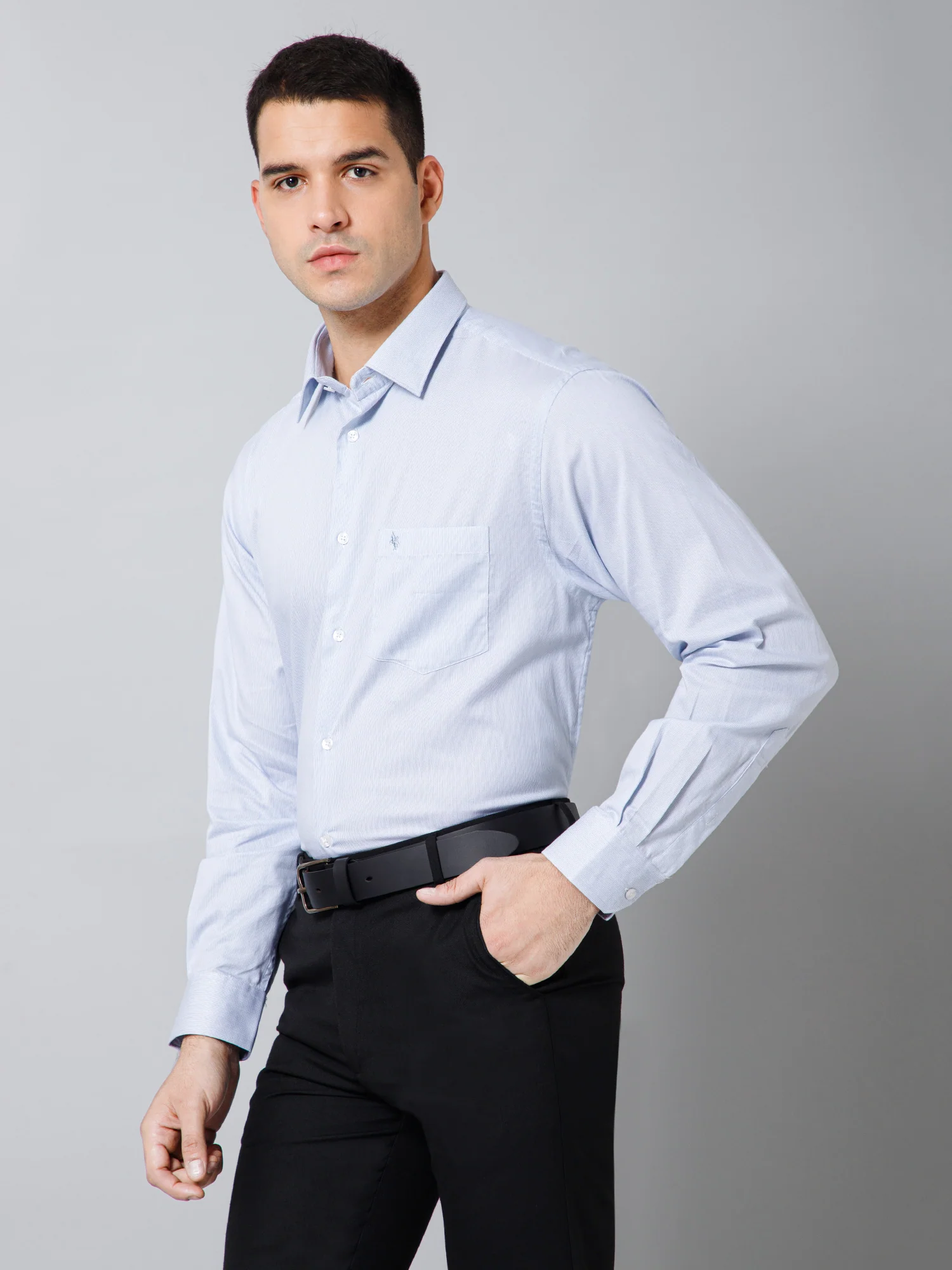 Men's Light Blue Formal Pin Stripe Full Sleeve Shirt - Image 2