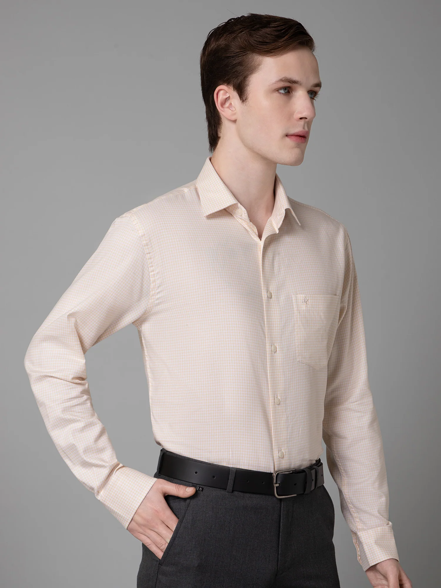 Men's Yellow Formal Micro Checks Full Sleeve Shirt - Image 3