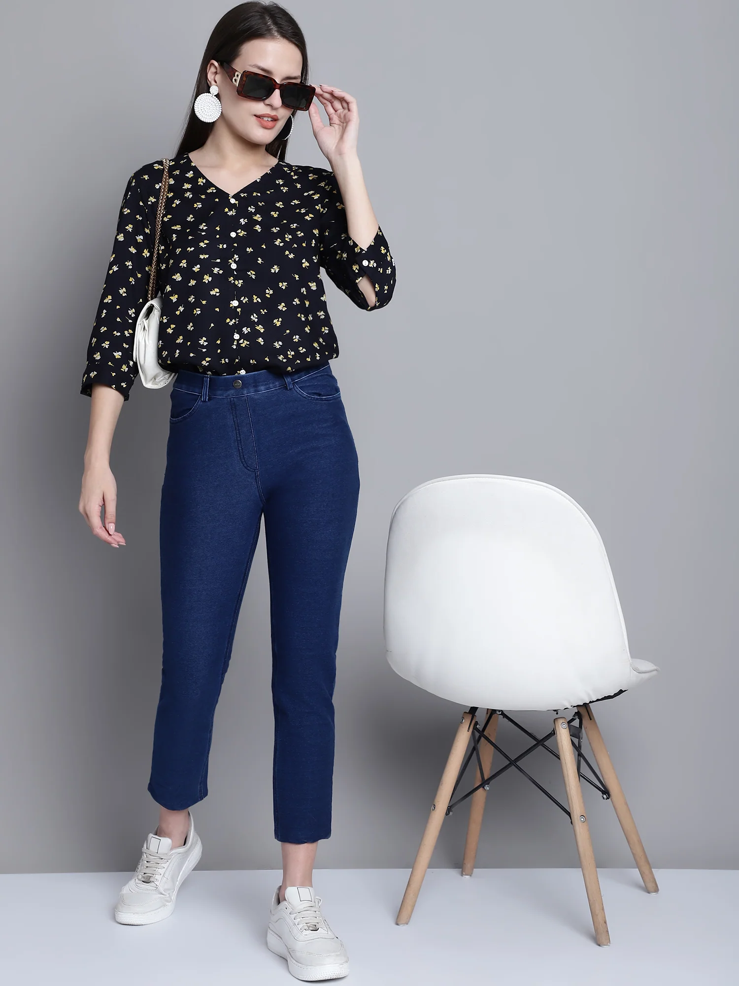 Women's Casual Regular Fit Denim Blue  Mid rise Leggings - Image 5