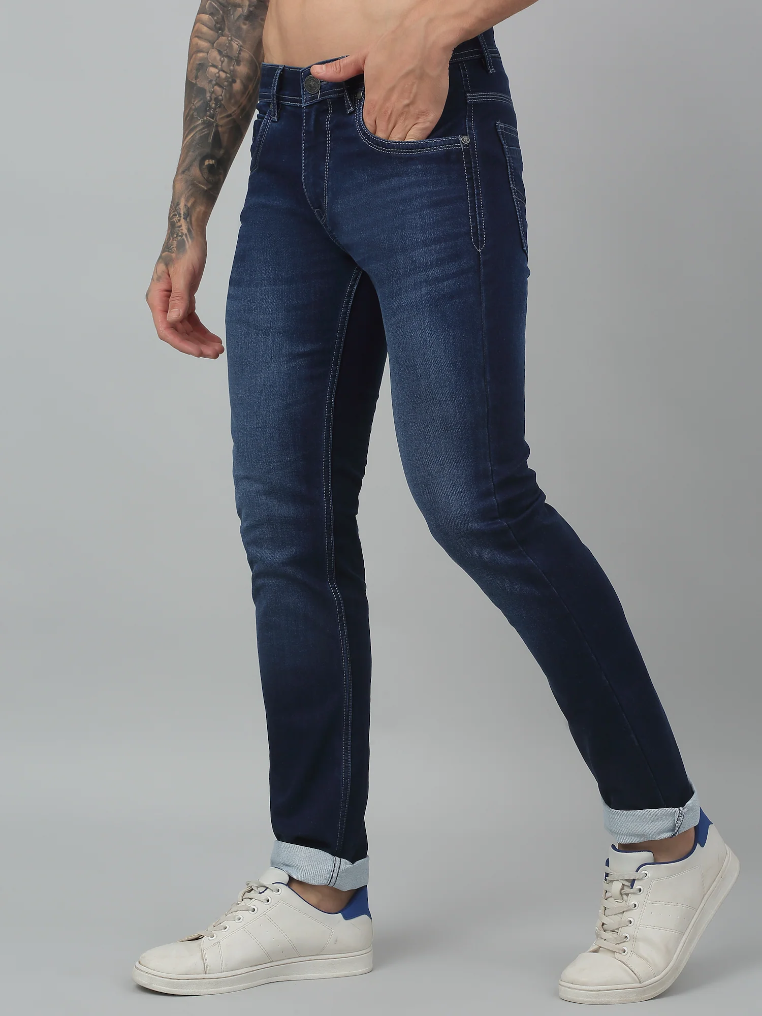 Denim Jeans for Men l Breathable & Soft with Color Fastness Ultra Narrow Fit Cotton Fabric Solid Pattern Button Closure - Image 3