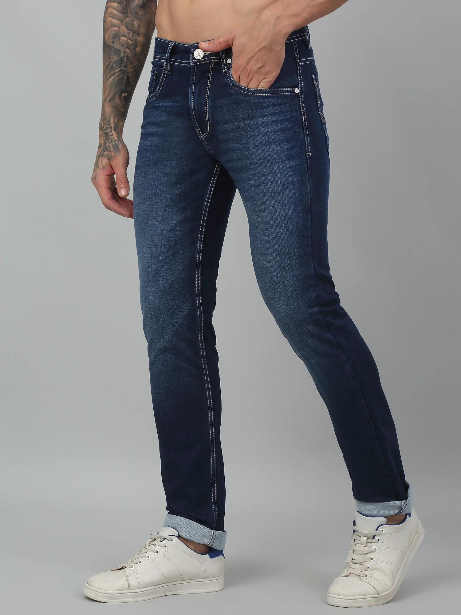 Denim Jeans for Men l Breathable & Soft with Color Fastness Ultra Narrow Fit Cotton Fabric Solid Pattern Button Closure - Image 3
