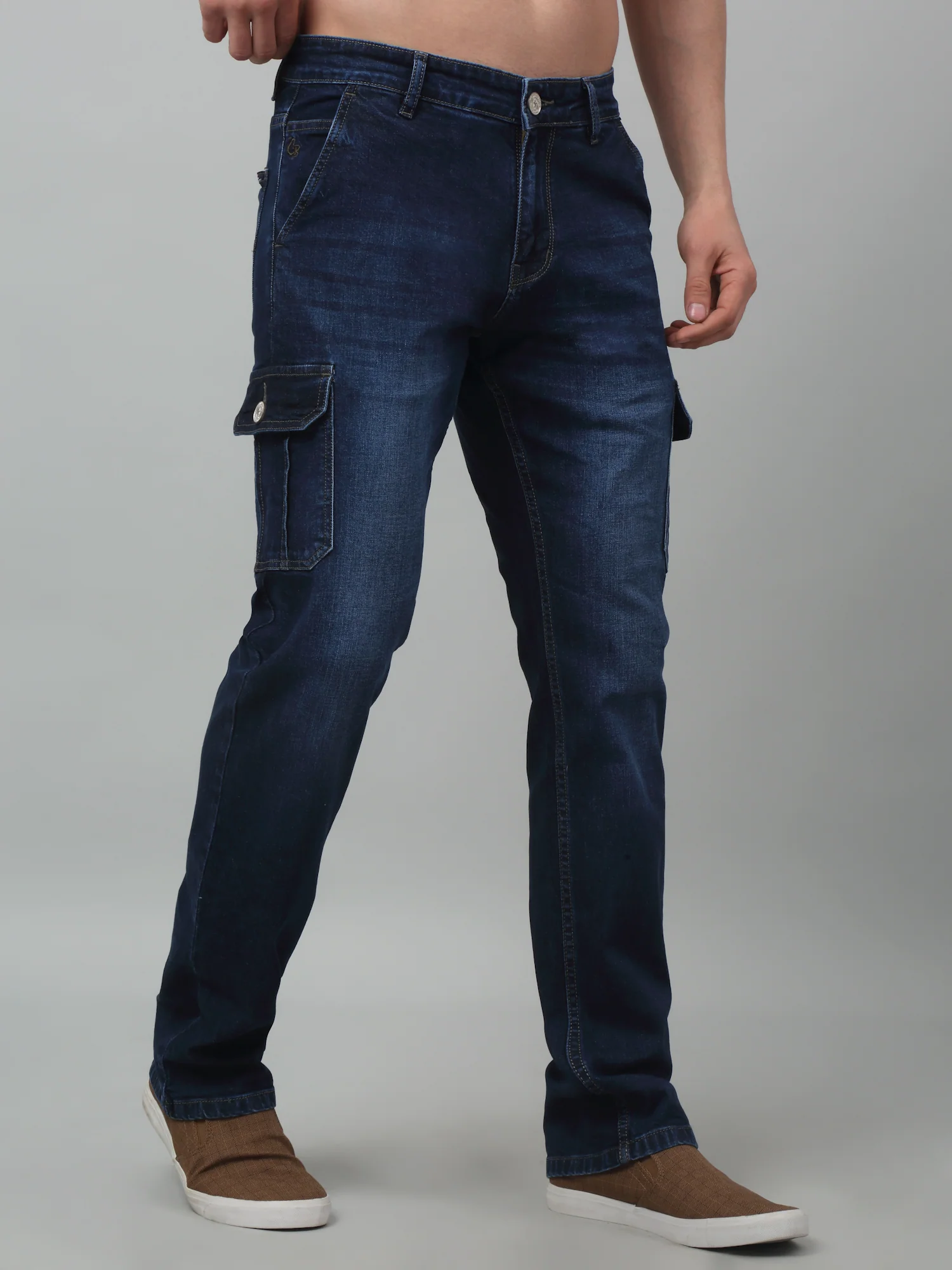 Dark Blue Summer Solid Full Length Casual Cargo For Men - Image 3