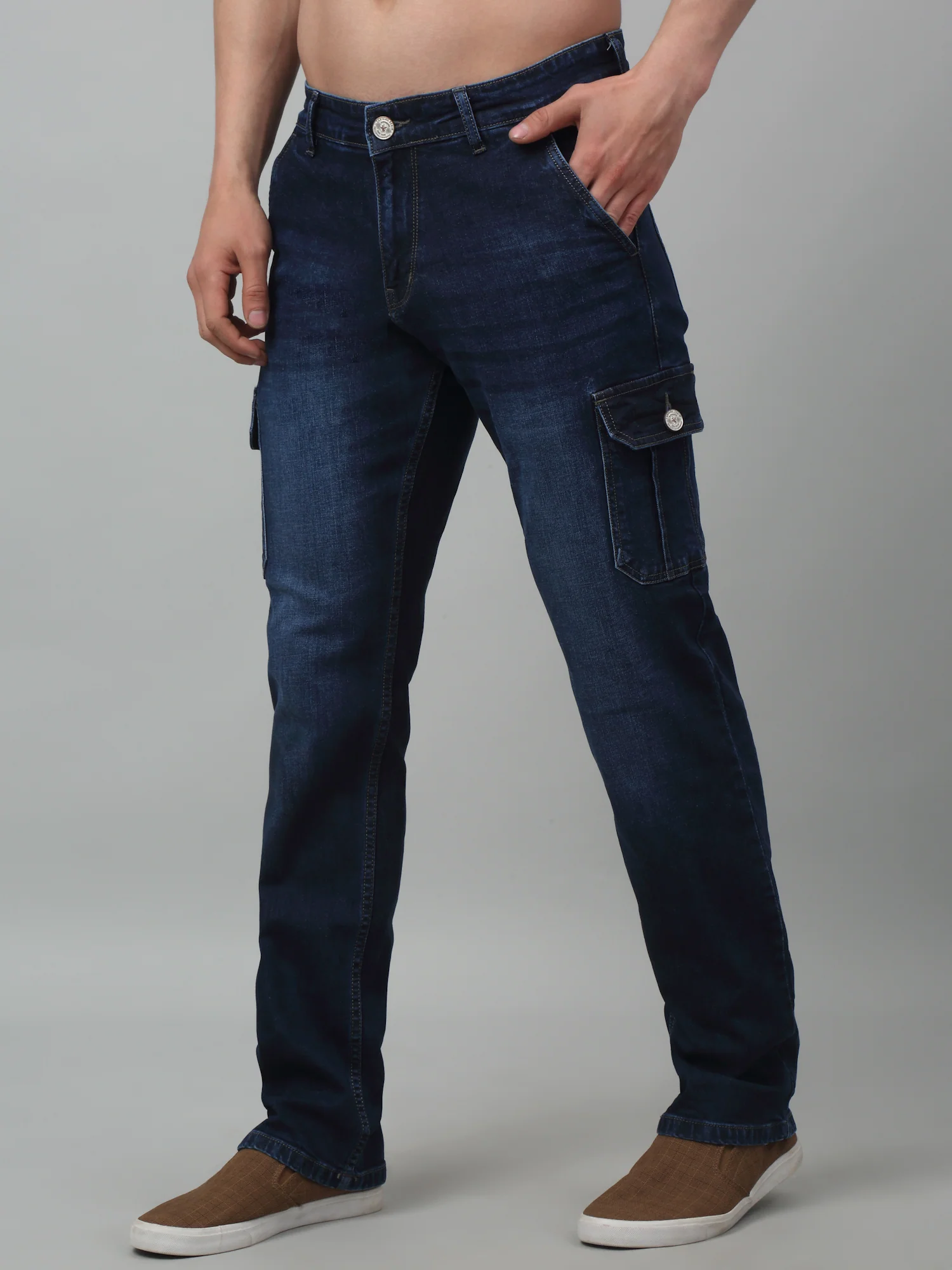 Dark Blue Summer Solid Full Length Casual Cargo For Men - Image 4