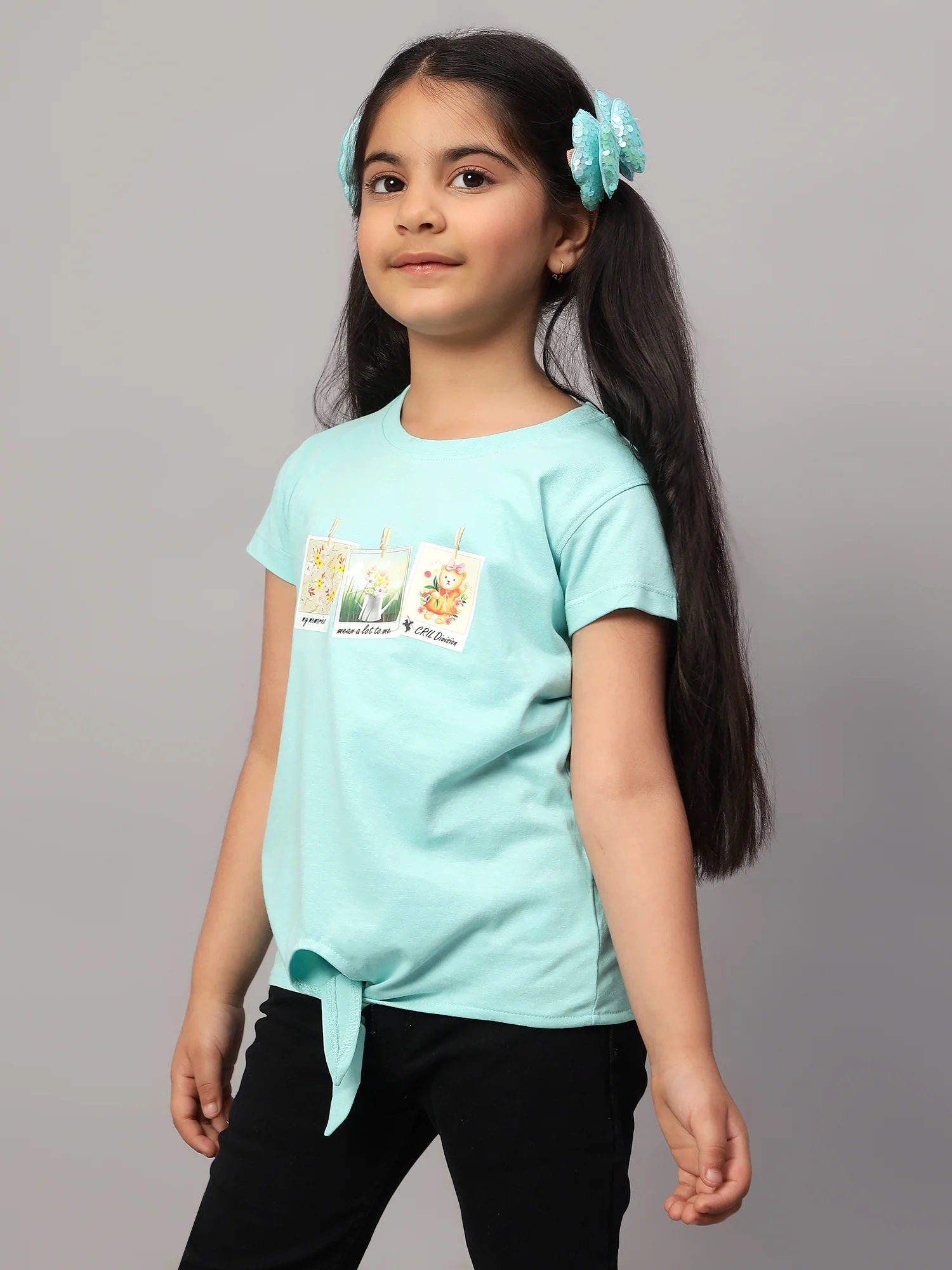 Girls Casual Aqua Half Sleeves  T-Shirt - Image 3