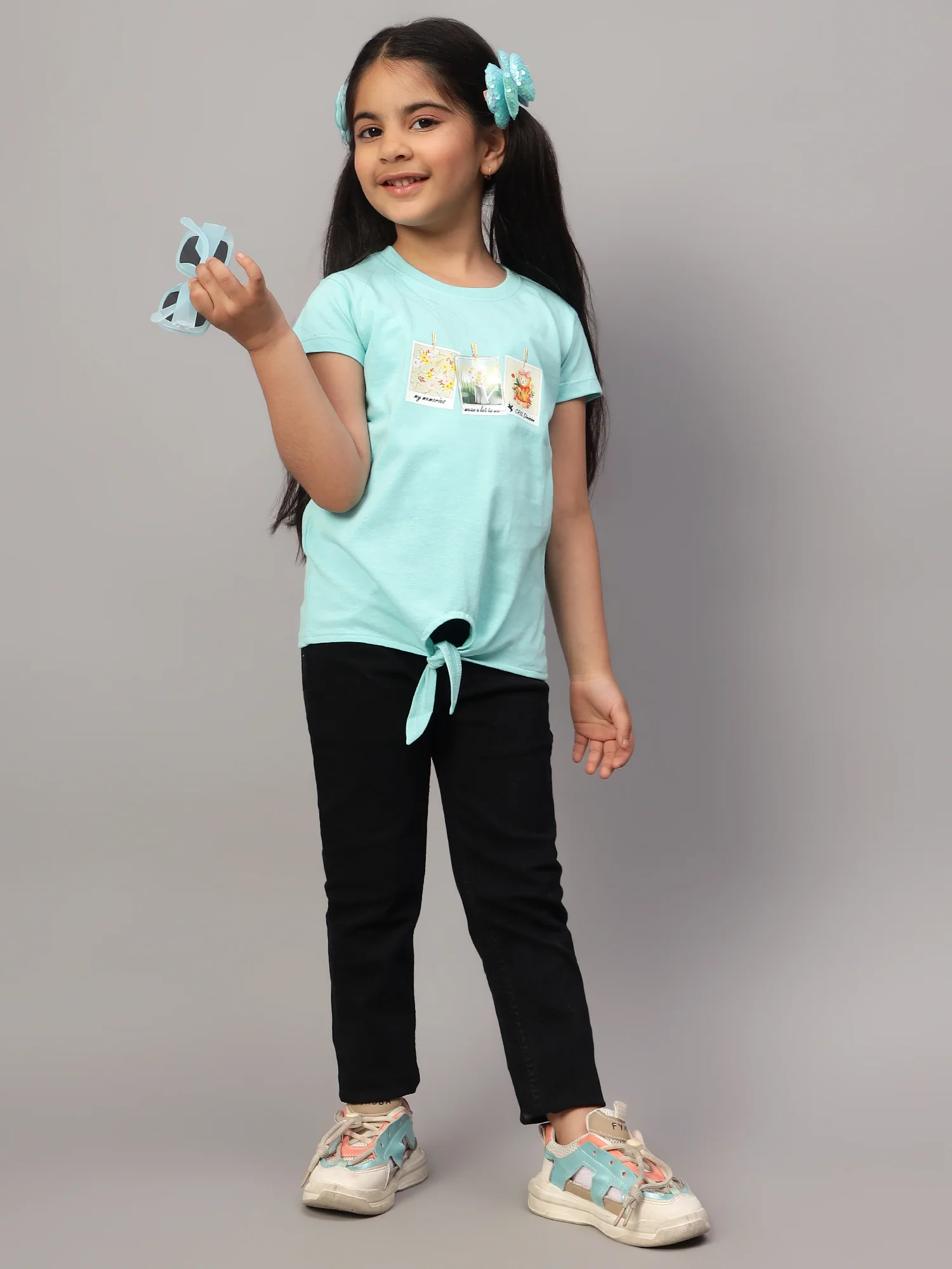 Girls Casual Aqua Half Sleeves  T-Shirt - Image 7