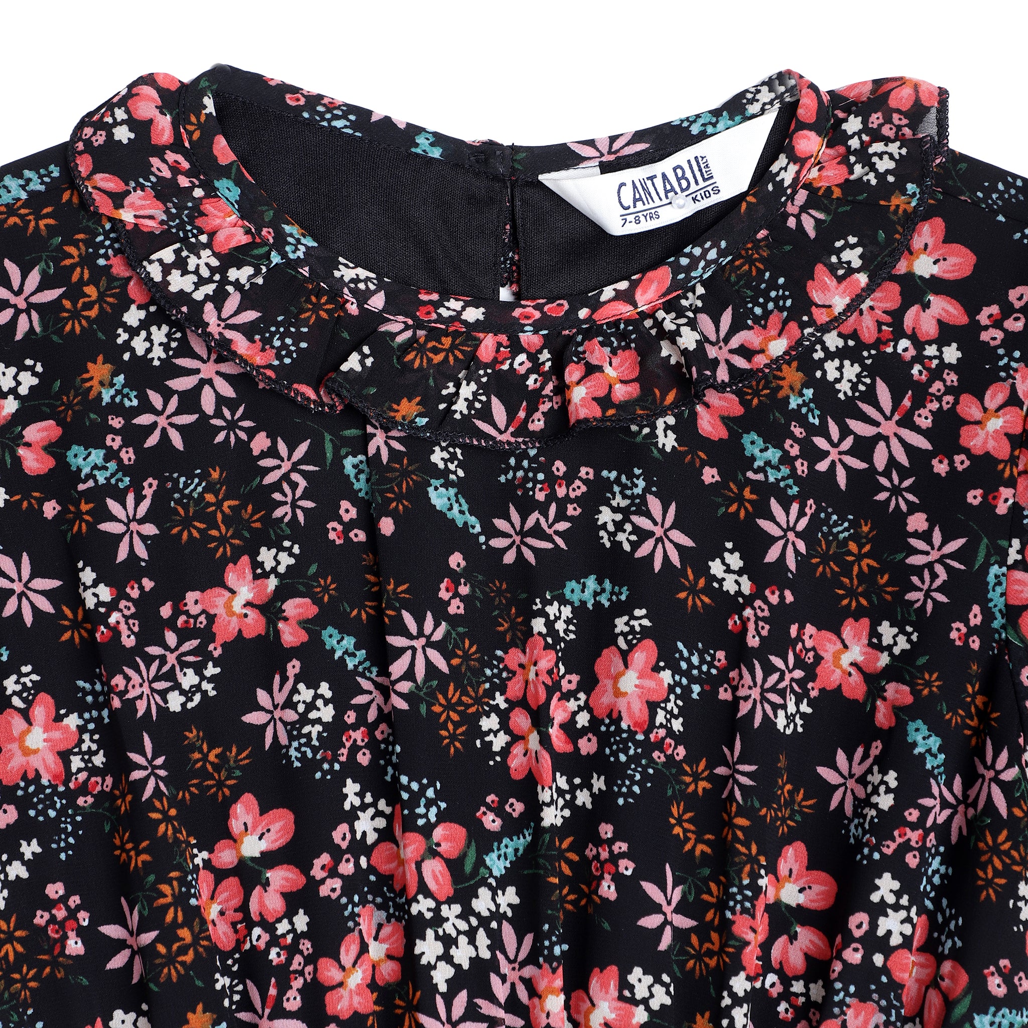 Girls Black Floral Printed Half Sleeves Casual Dress - Image 3