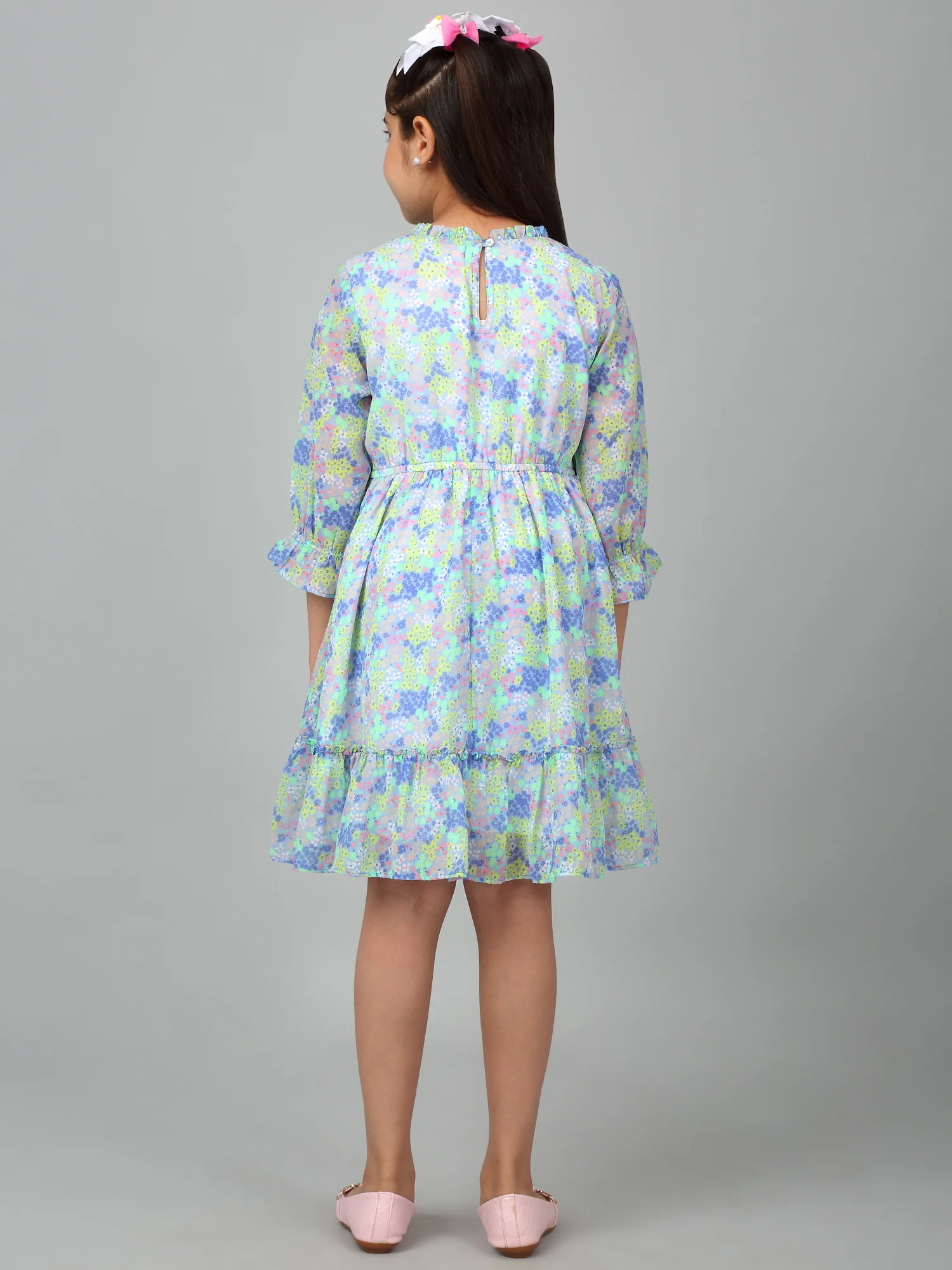 Girls Blue 3/4th Sleeves Floral Print Dress - Image 2