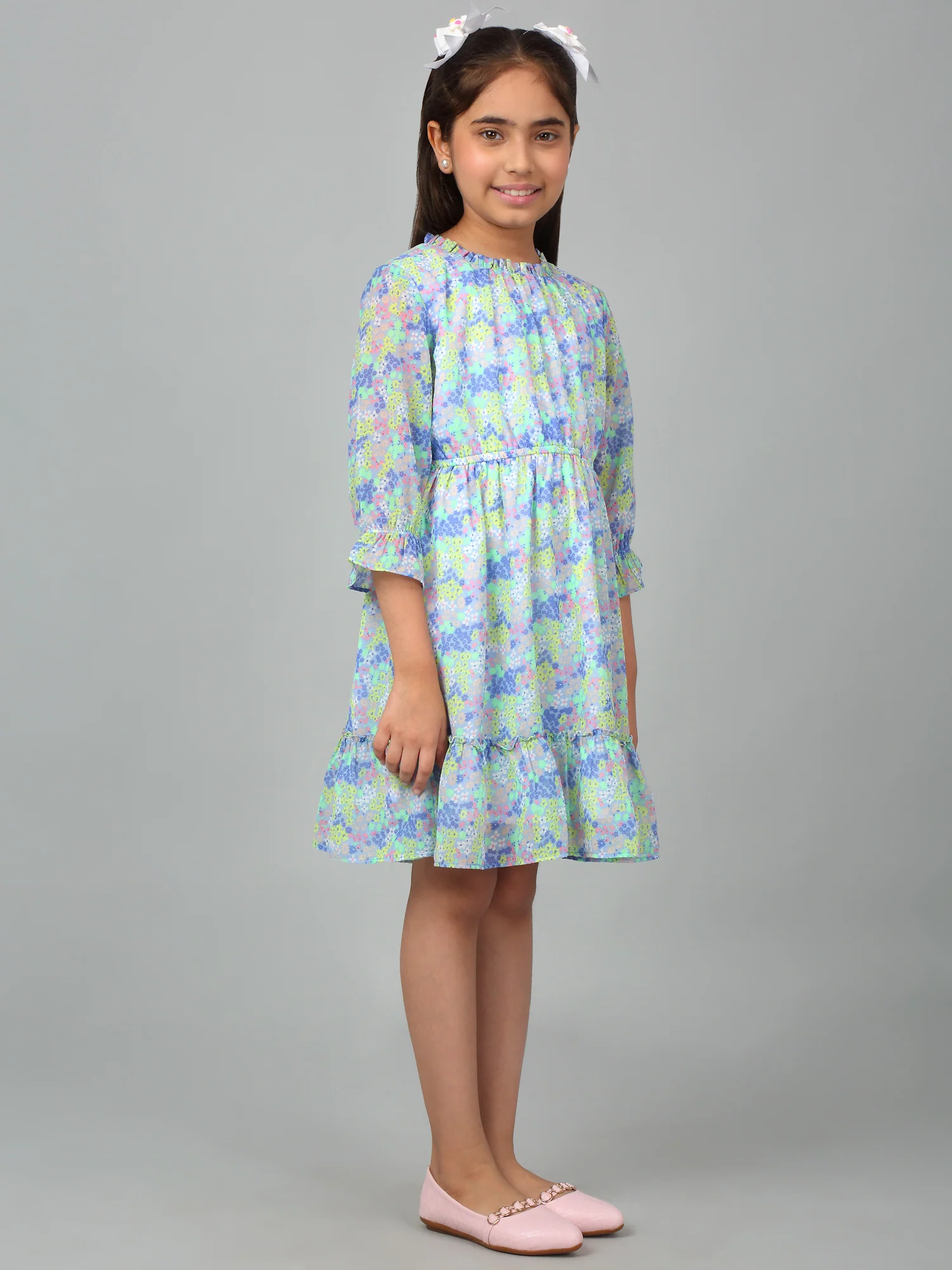 Girls Blue 3/4th Sleeves Floral Print Dress - Image 3