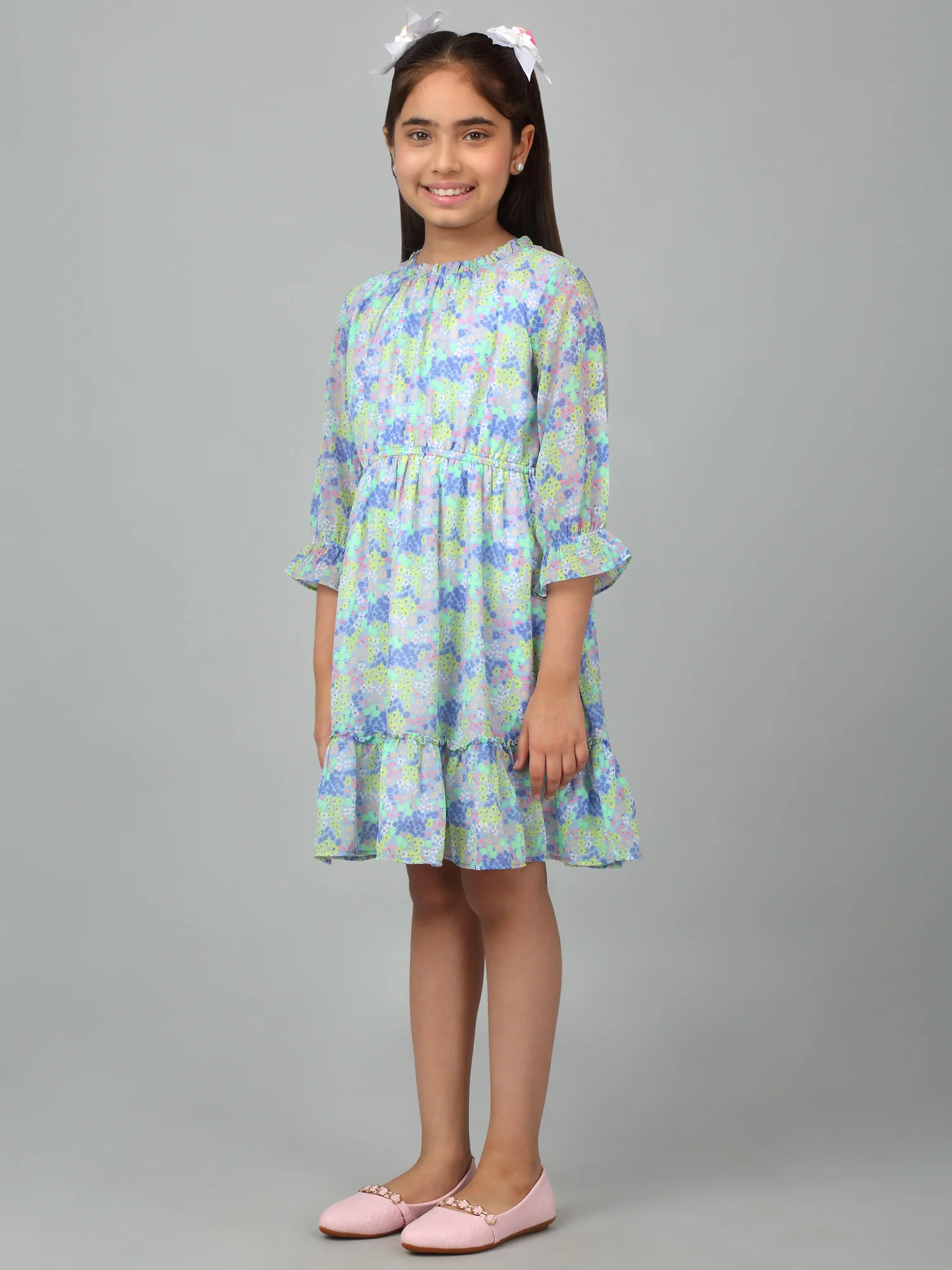Girls Blue 3/4th Sleeves Floral Print Dress - Image 4