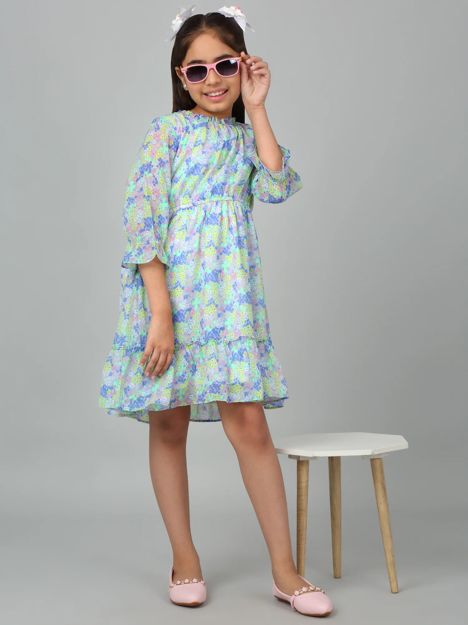 Girls Blue 3/4th Sleeves Floral Print Dress - Image 6