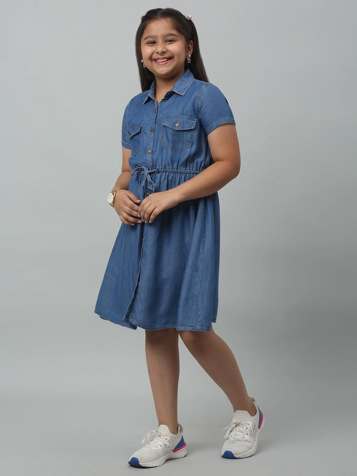Girls Cotton Solid Shirt Collar Short Sleeves Fit and Indigo Blue Casual Dress - Image 2