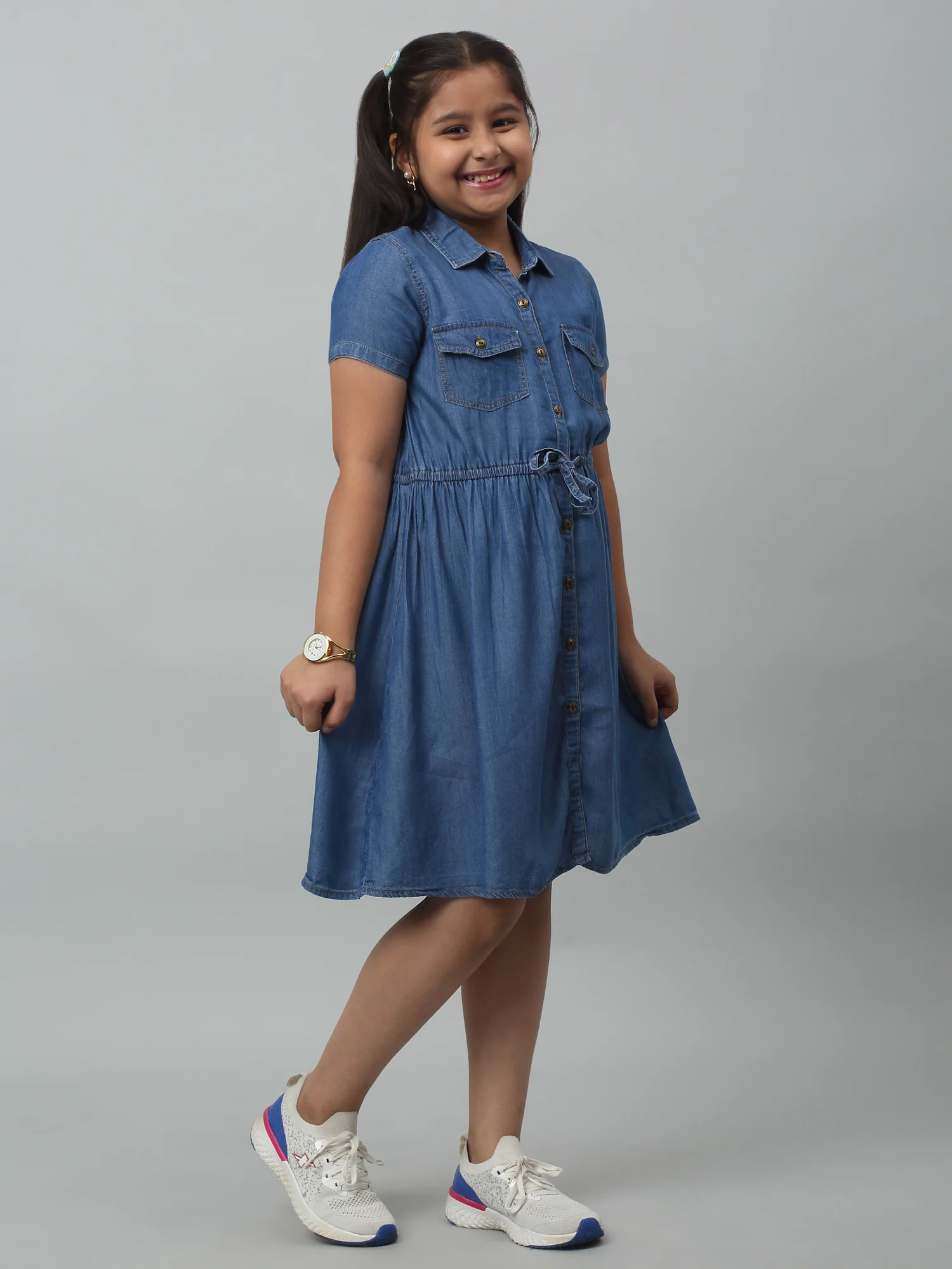 Girls Cotton Solid Shirt Collar Short Sleeves Fit and Indigo Blue Casual Dress - Image 3