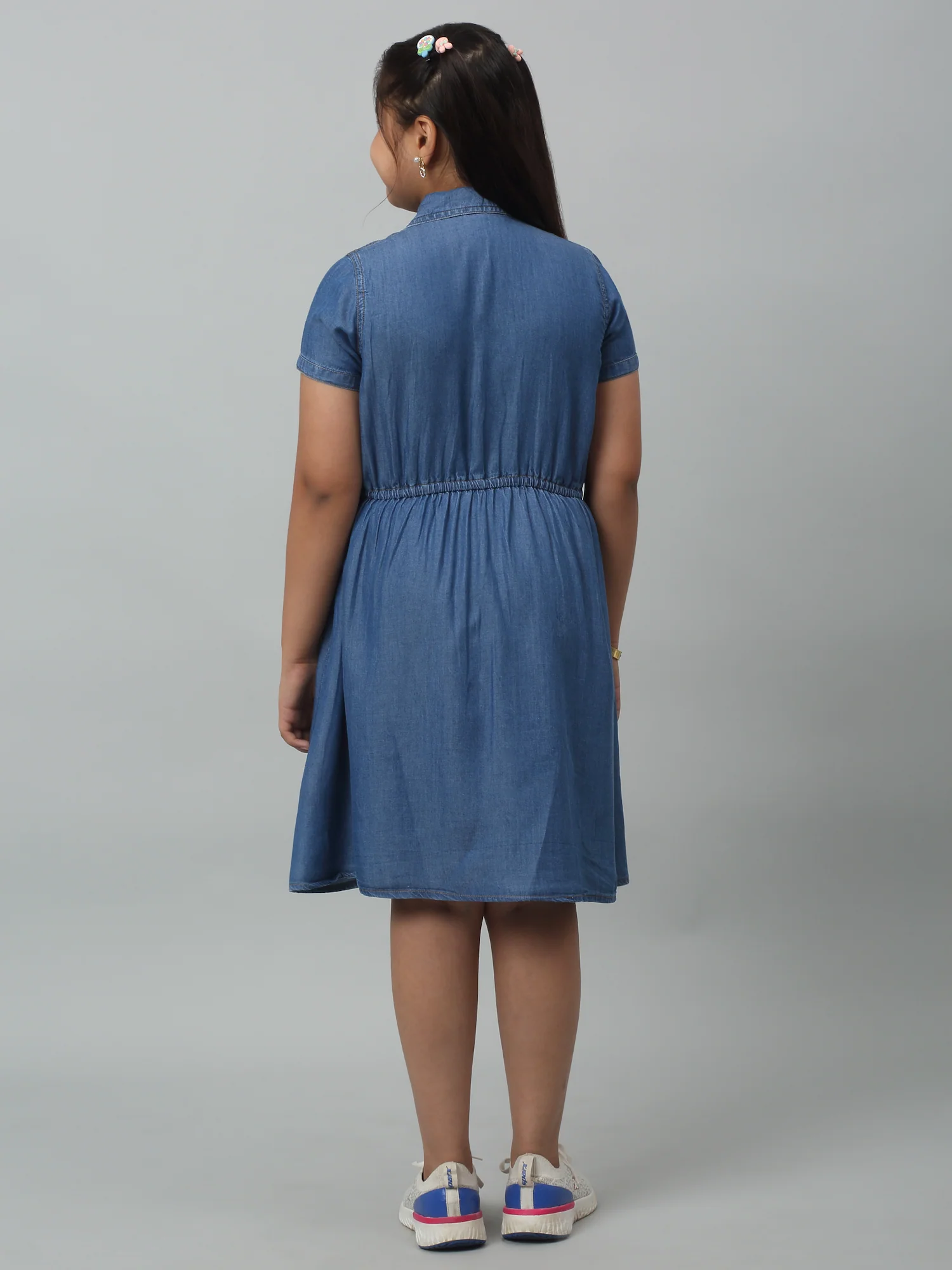 Girls Cotton Solid Shirt Collar Short Sleeves Fit and Indigo Blue Casual Dress - Image 4