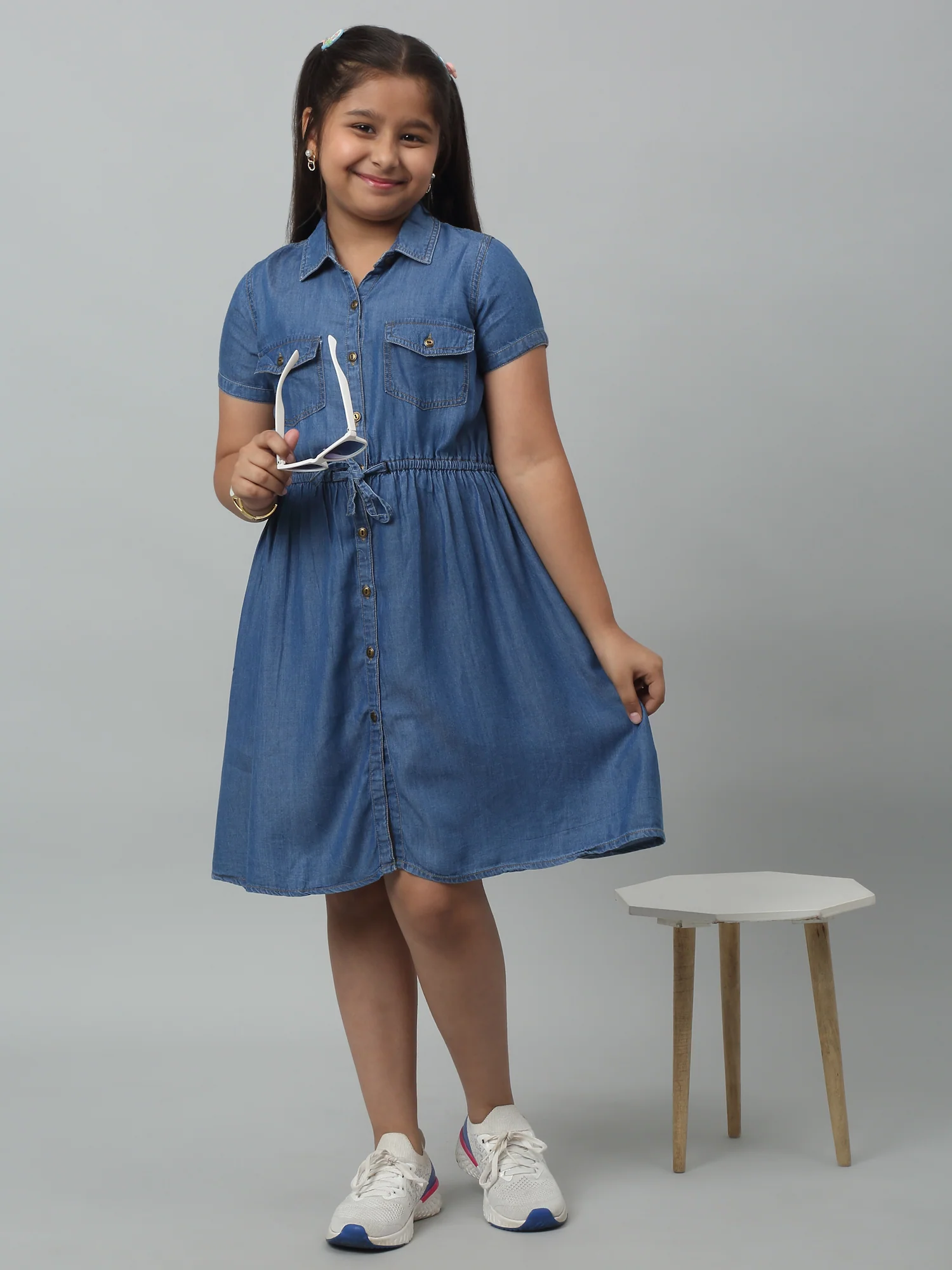 Girls Cotton Solid Shirt Collar Short Sleeves Fit and Indigo Blue Casual Dress - Image 5