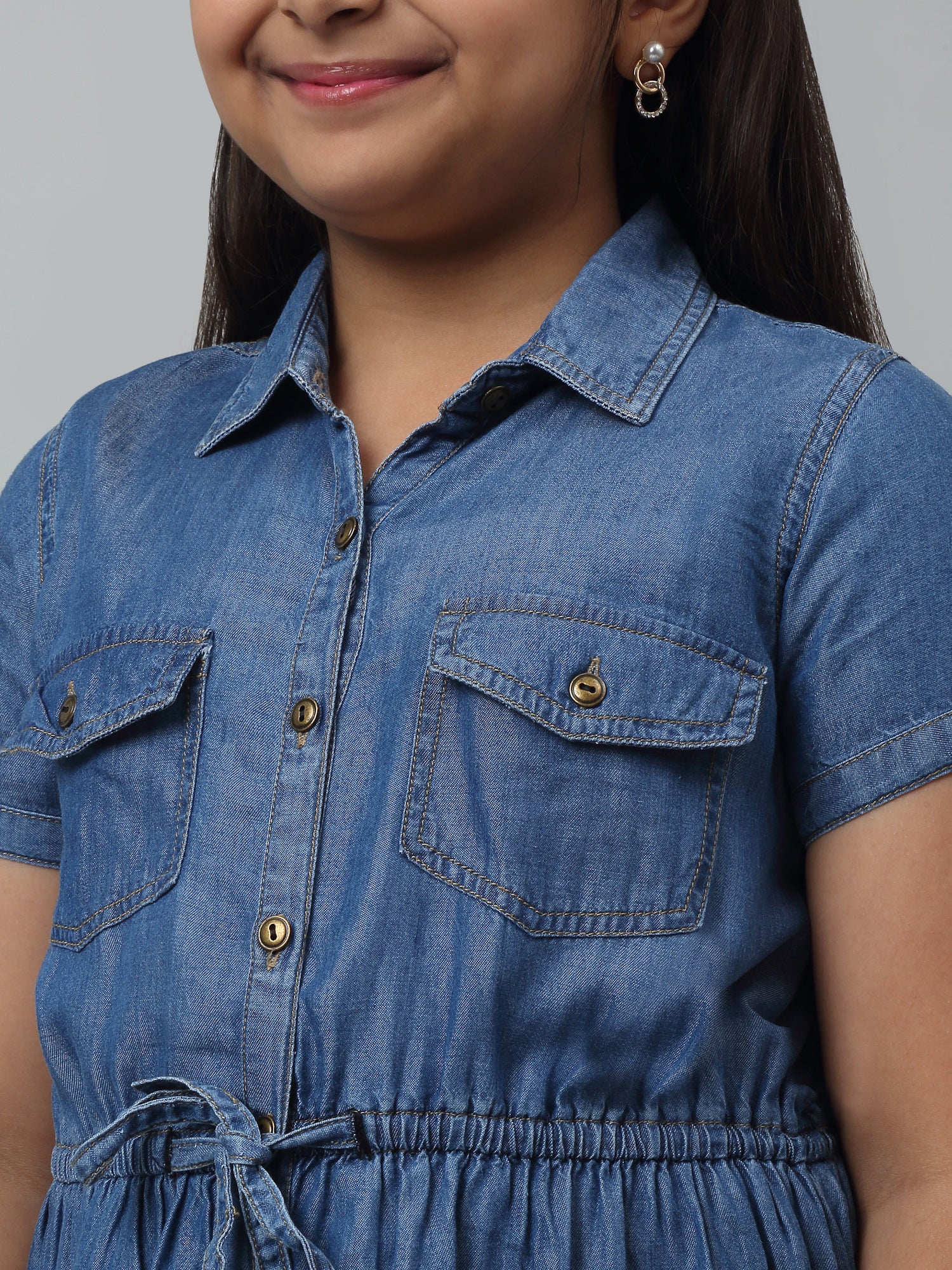Girls Cotton Solid Shirt Collar Short Sleeves Fit and Indigo Blue Casual Dress - Image 6
