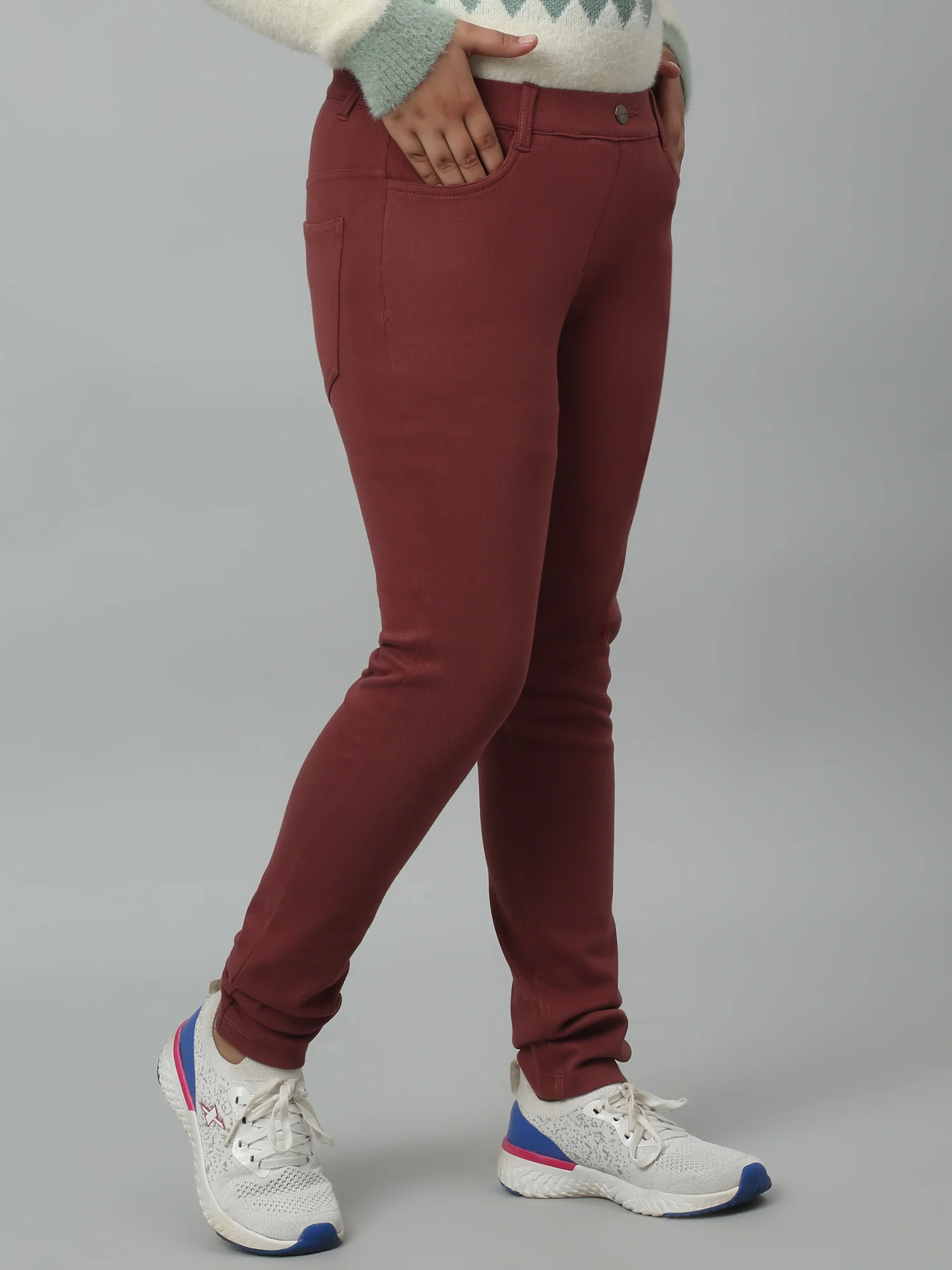 Girls Brown Soild Cotton Blend Stretchable Jeggings - Image 2