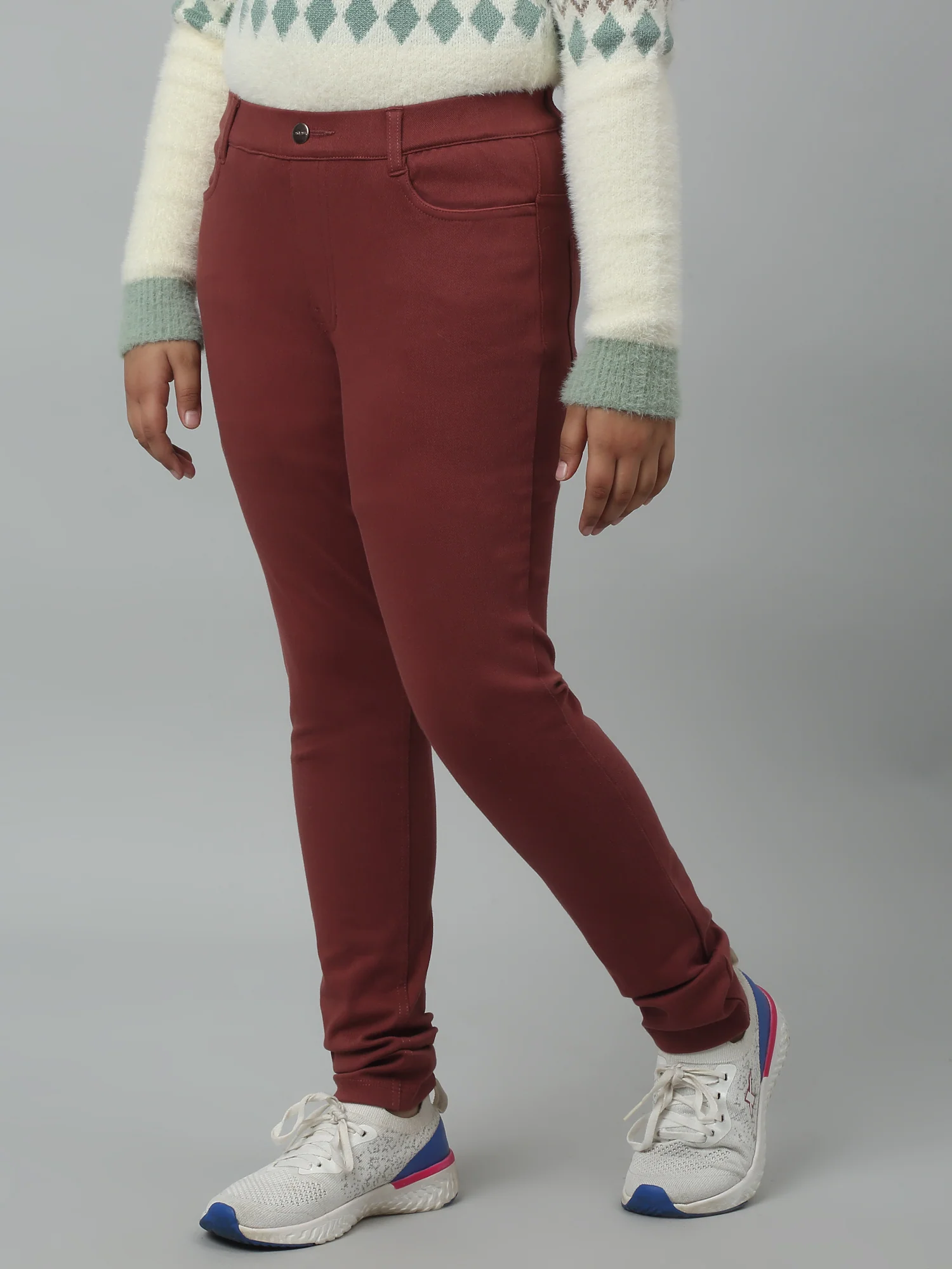 Girls Brown Soild Cotton Blend Stretchable Jeggings - Image 3
