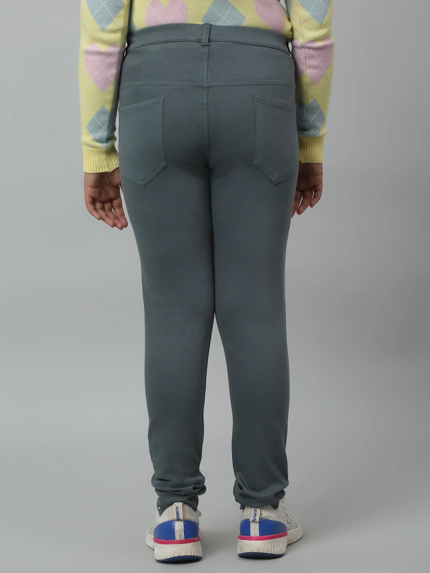 Girls Green Soild Cotton Blend Stretchable Jeggings - Image 4