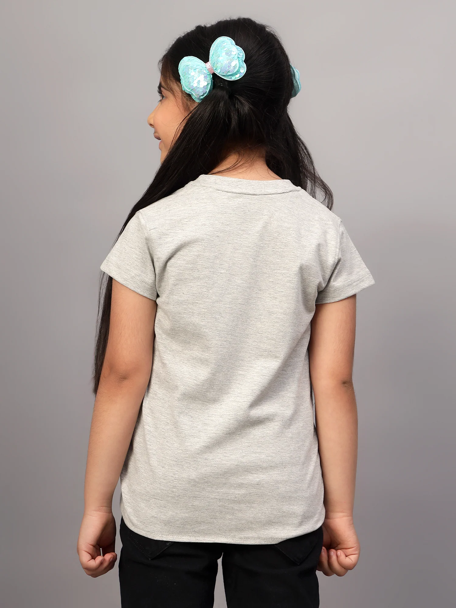 Girls Casual Grey Melange Half Sleeves  T-Shirt - Image 2