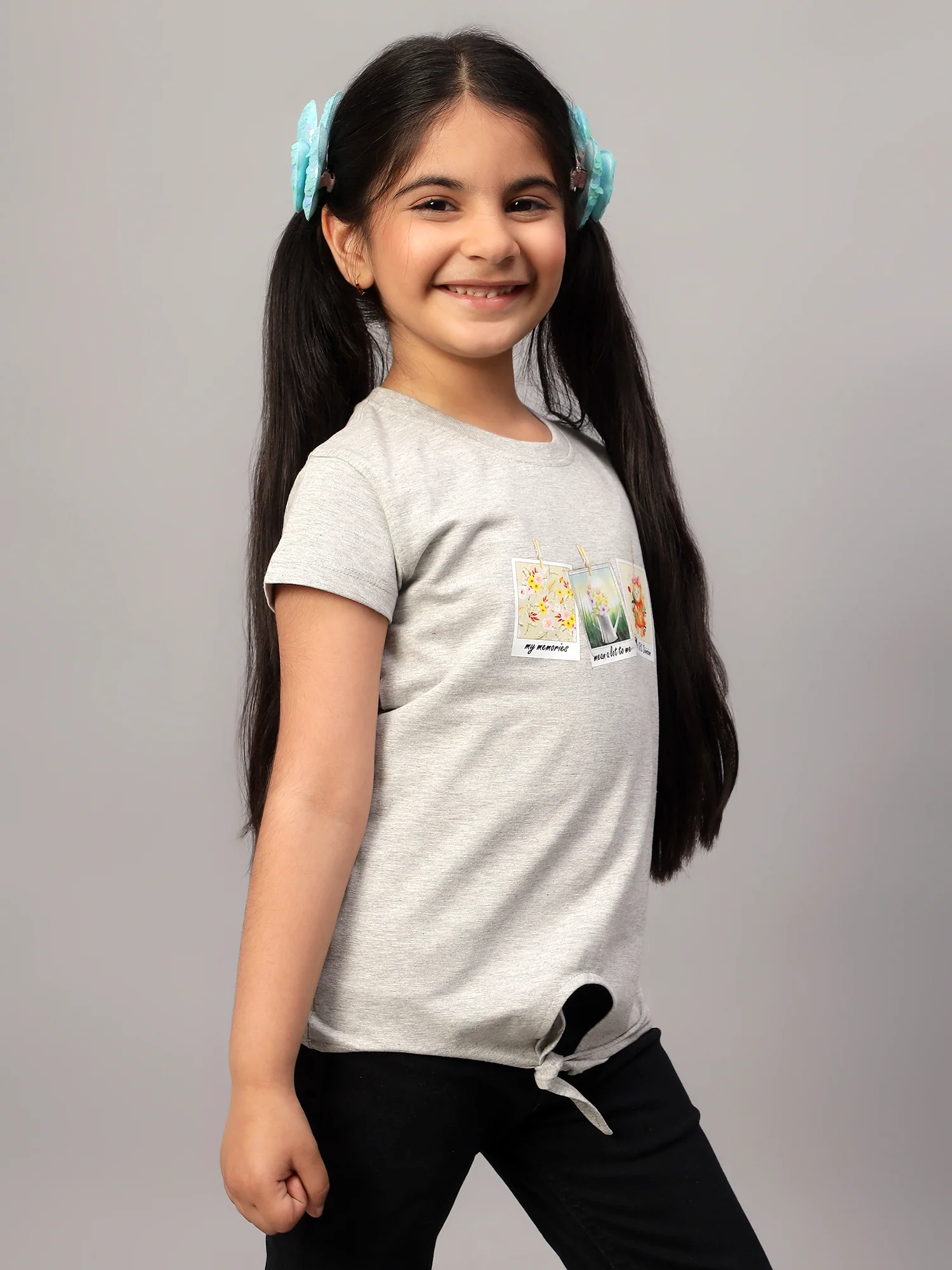 Girls Casual Grey Melange Half Sleeves  T-Shirt - Image 3