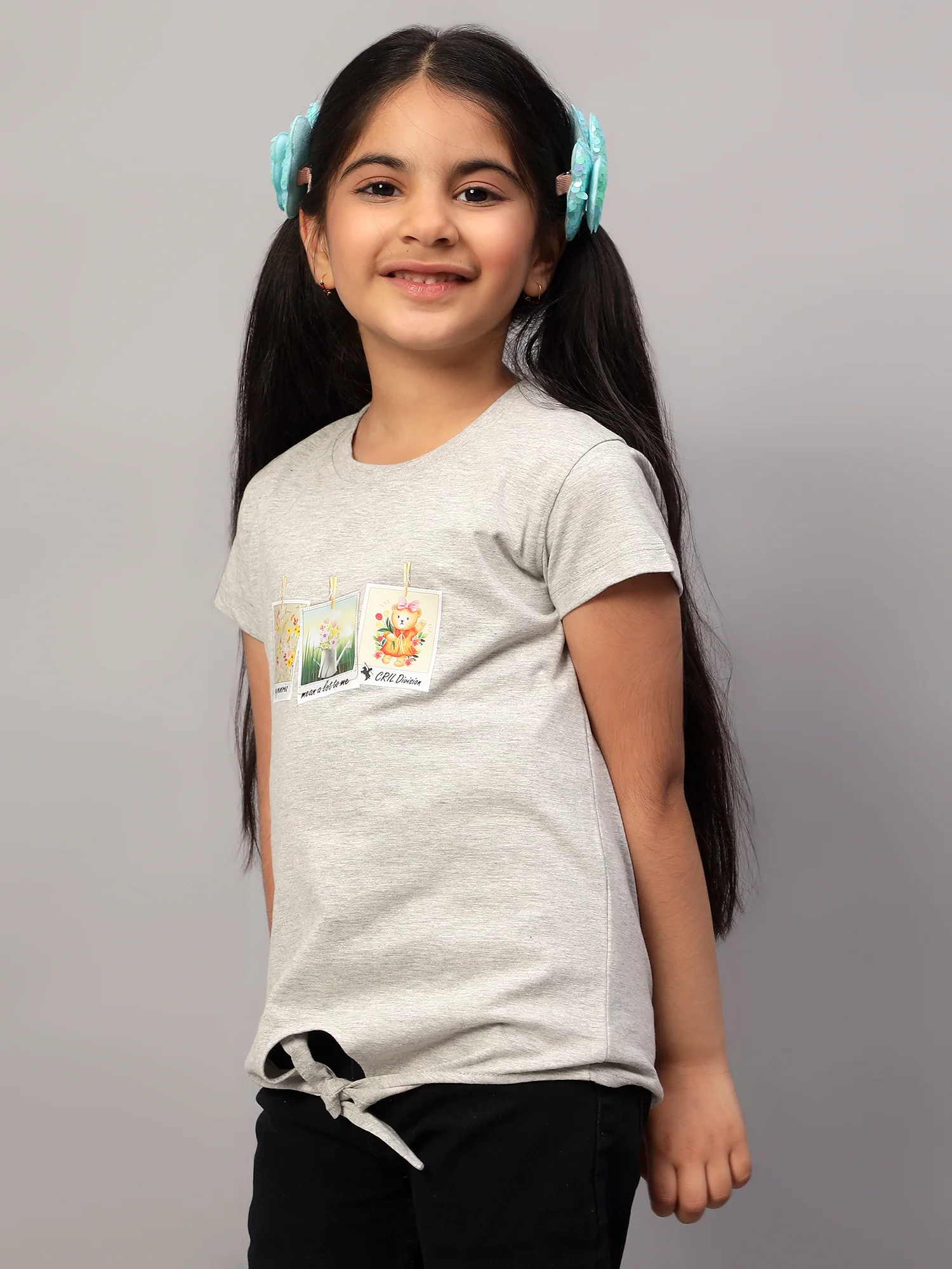 Girls Casual Grey Melange Half Sleeves  T-Shirt - Image 4