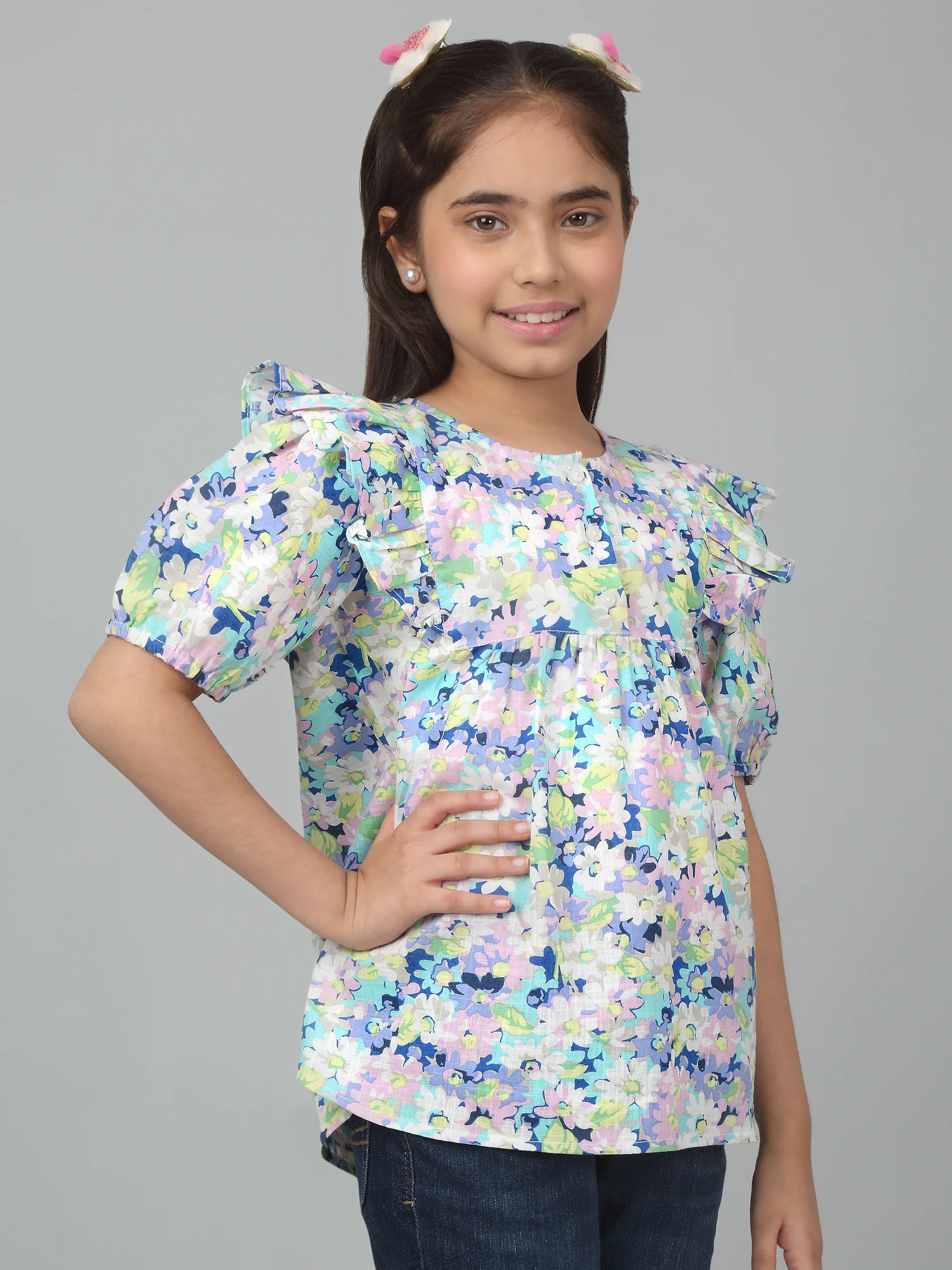 Girls Casual Multi colored  Puffed Half Sleeves  Top - Image 3
